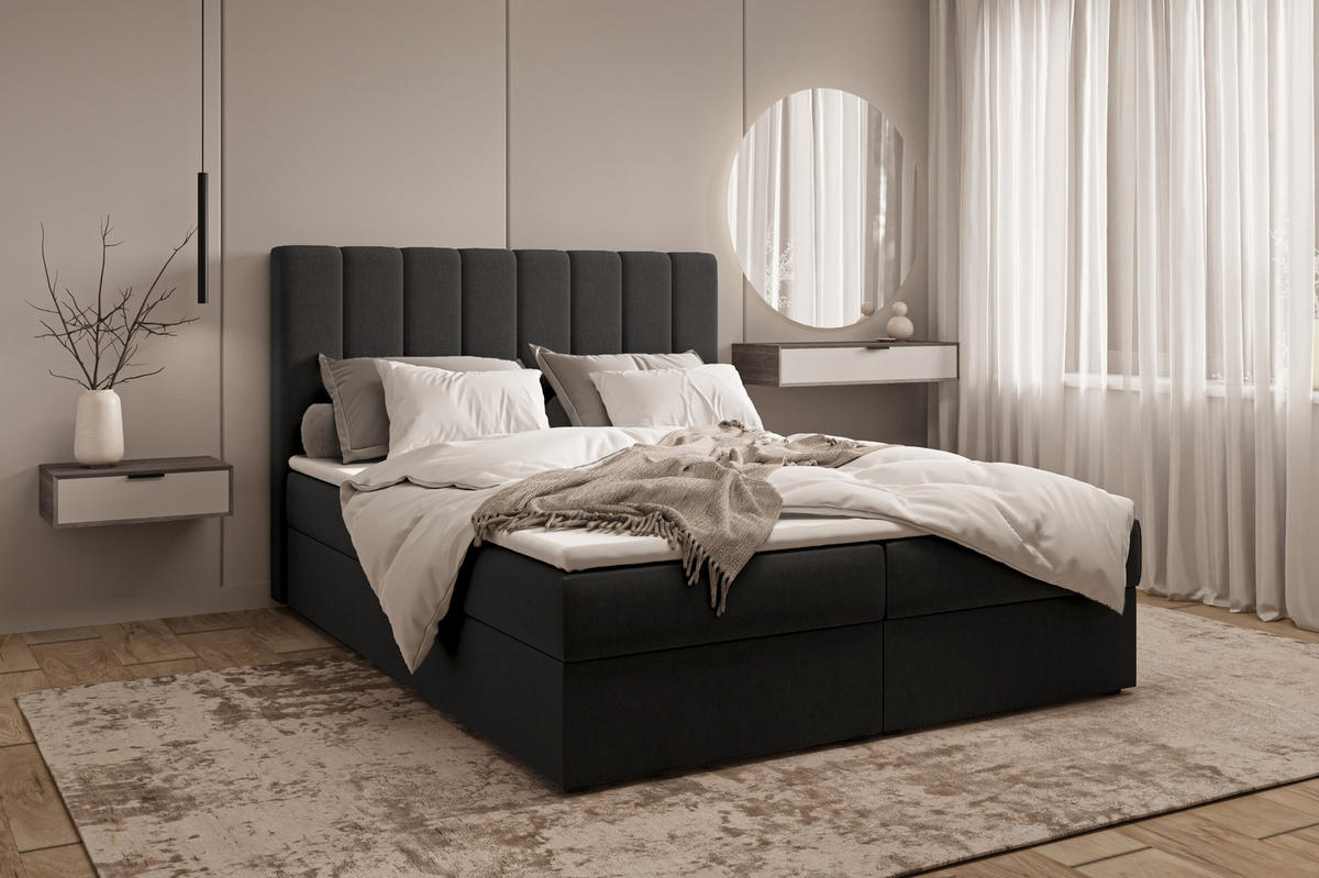 BOXBETT 01 140 x 200 cm - Manila – Stilvoll und bequem Mit Bettkasten, PU-Topper, Federmechanismus, waschbarer Bezug - Schwarz, Holz (140/200cm) - ROYAL24_MARKT