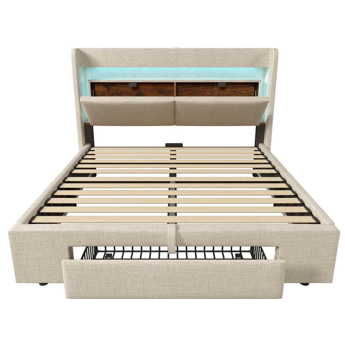 POLSTERBETT aus Leinen 140x200 cm Beige mit Stauraum, LED-Beleuchtung, USB- und USB-C-Anschlüssen - Beige, Textil (140/200cm) - IVMEU