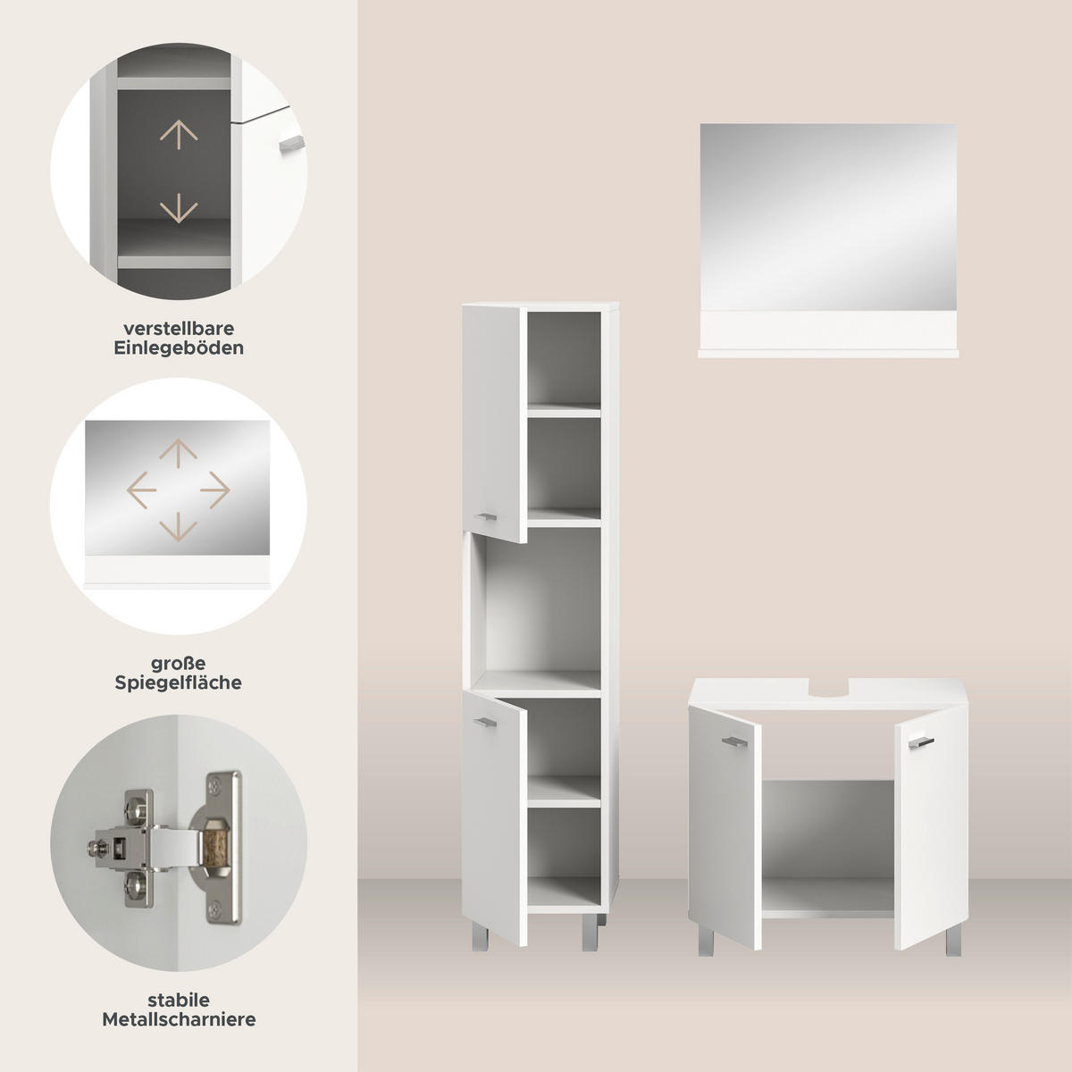 BADMÖBEL Set Boston 3tlg. auch hängend montierbar (B/H/T: 102x186x33 cm) - Weiß, Holzwerkstoff (102/186/33cm)