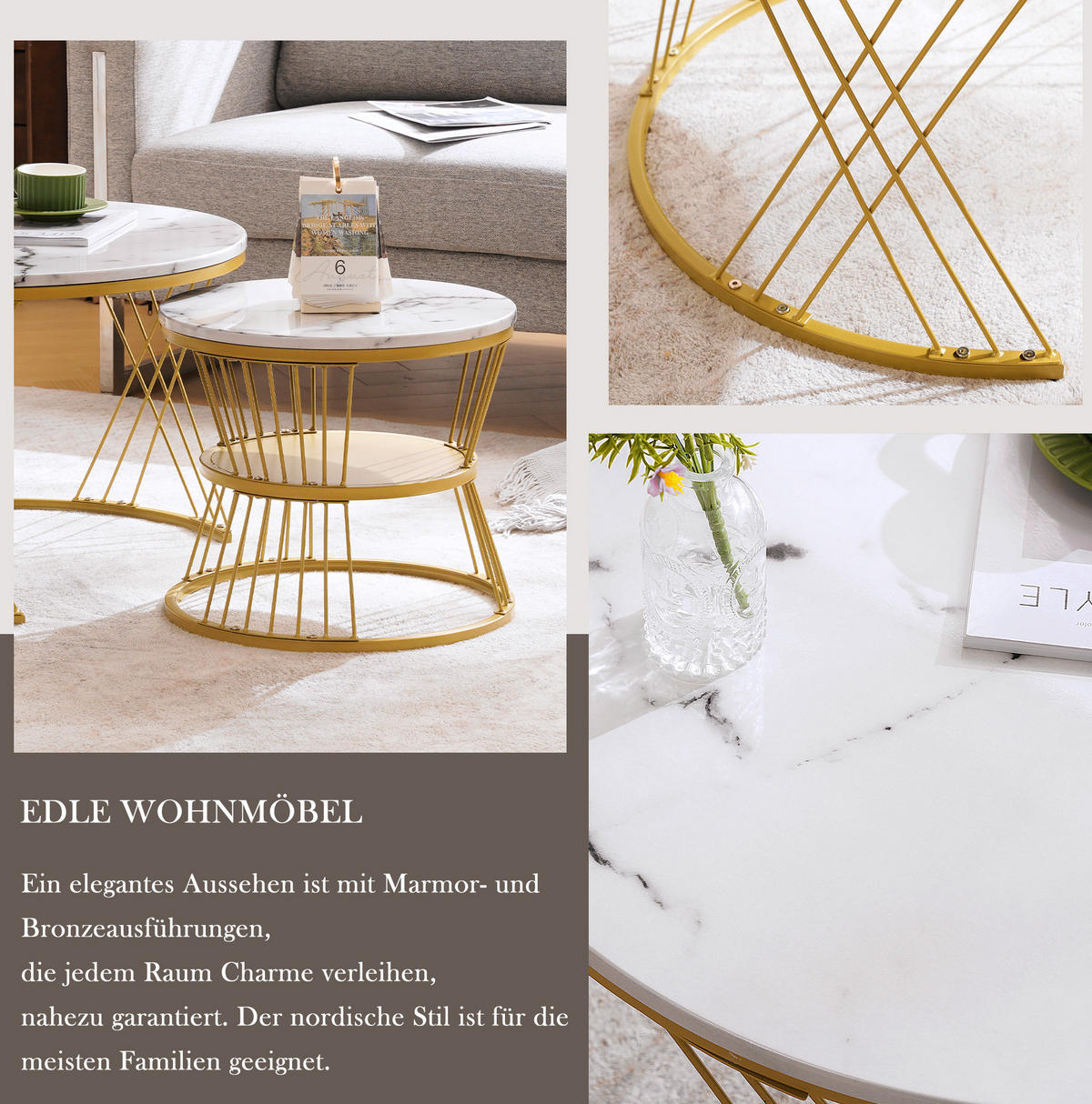 COUCHTISCH-SET aus MDF 70x70x45 cm Weiß in Marmoroptik mit Metallgestell, 2-teilig - Weiß, Holzwerkstoff (70/70/45cm) - IVMEU