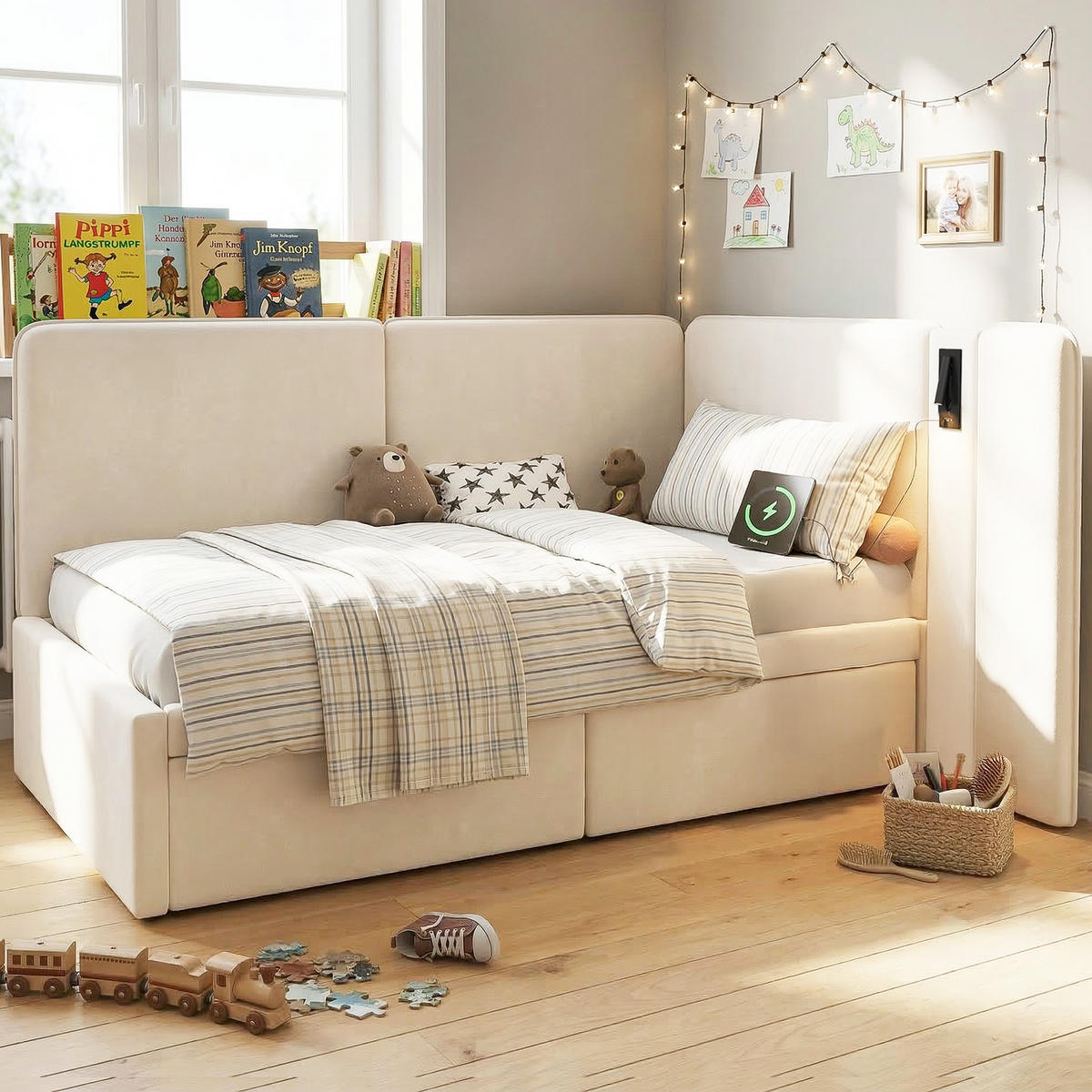 POLSTERBETT 90/200 cm in Beige Samt mit 2 Schubladen, USB, Type-C und Leselampe - Beige, Holzwerkstoff/Textil (90/200cm) - STILVORA