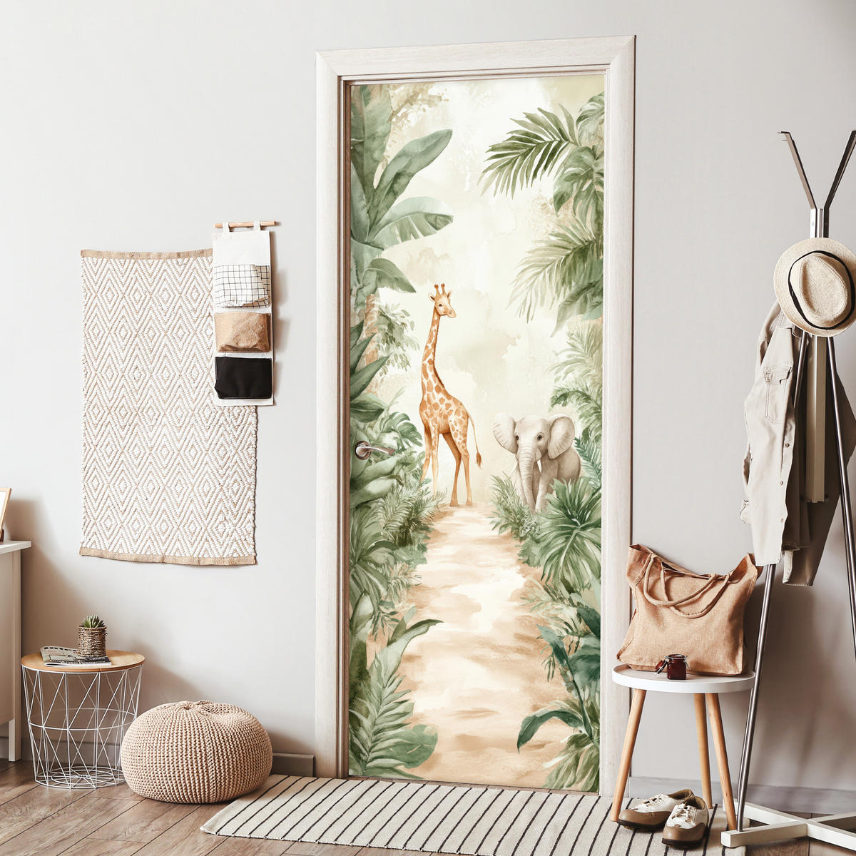NÁLEPKA NA DVERE Džungľa - Žirafa - Slon - Zelená - Príroda 95x235 cm - farba eukalyptového dreva, plast (95/0.1cm) - MuchoWow