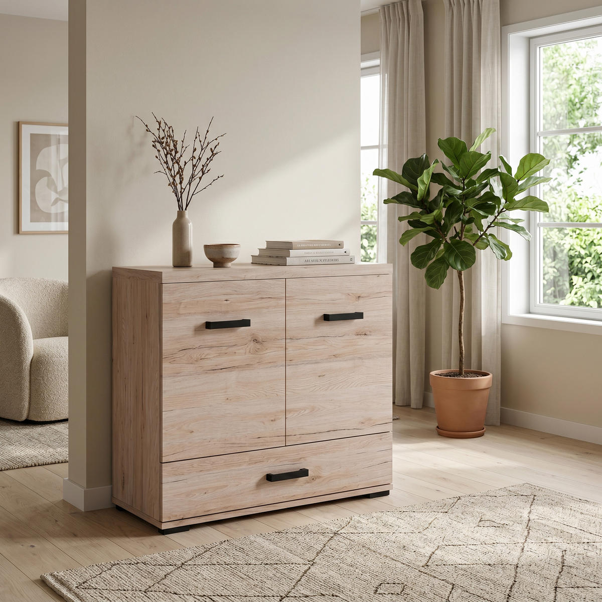 KOMMODE LIVORNO 90/85/40cm mit 1 Schubladen 2 Türen Eichefarben - Eichefarben, Holzwerkstoff (90/85/40cm) - MASSENO