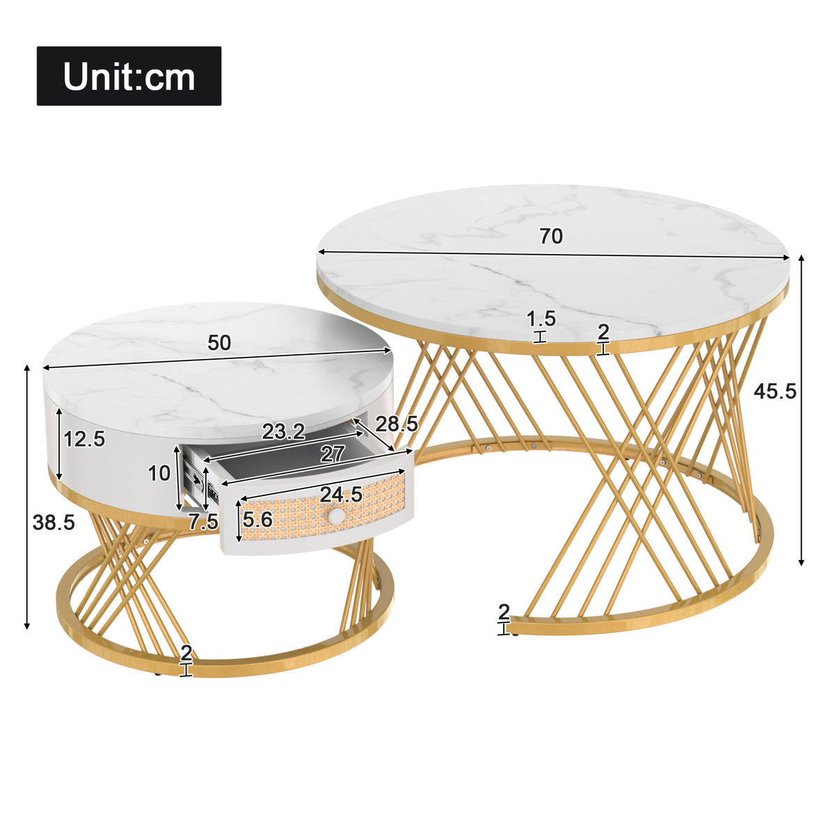 COUCHTISCH-SET 70/70/48 cm mit Schublade, Marmormuster und MDF, Weiß/Gold - Weiß, Holzwerkstoff (70/70/48cm) - Redom