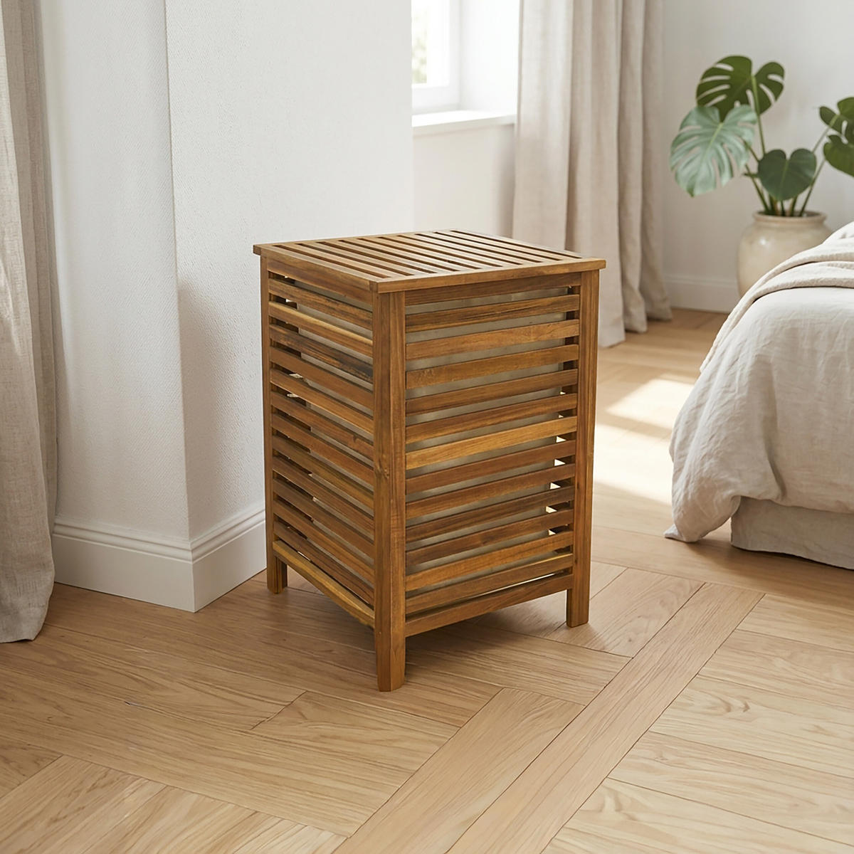 KOŠ za perilo rjava bela akacijev les s pokrovom 80 l - rjava, tekstil/les (45/45/65.5cm) - Relaxdays