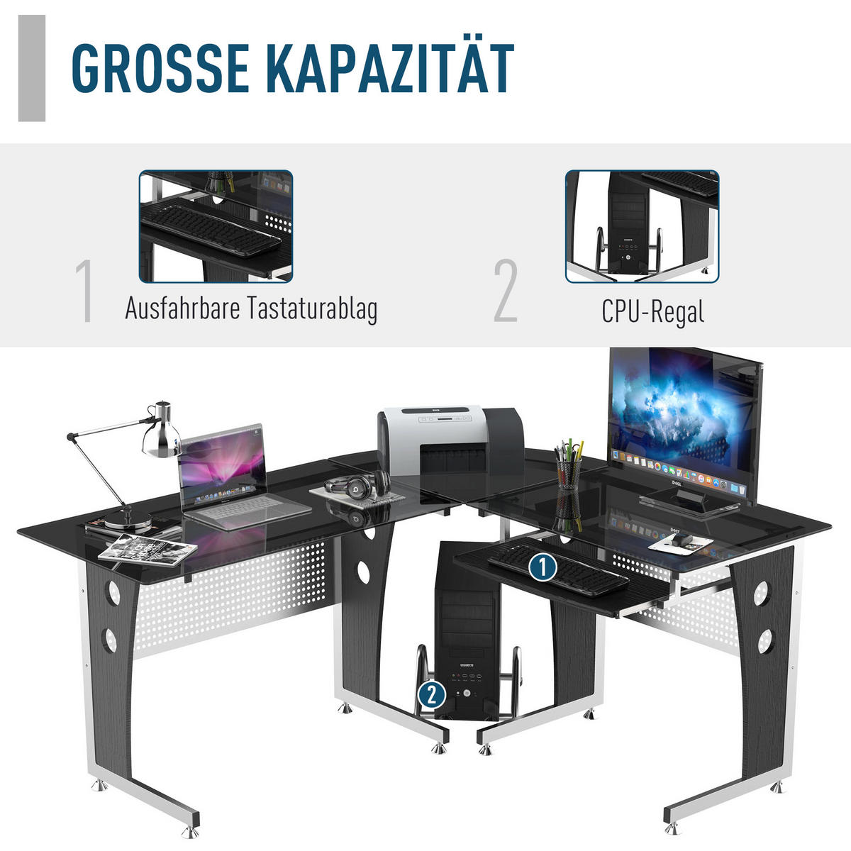 COMPUTERTISCH L-Form, MDF, Eisen Schwarz - Schwarz, Kunststoff (164/139/75cm) - HOMCOM