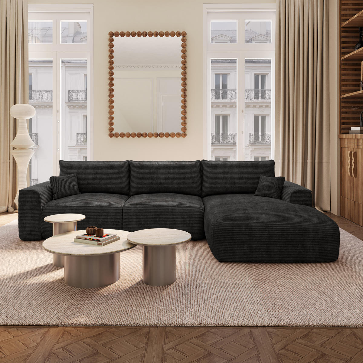 ECKSOFA rechtwinklig COMO Cord Schwarz 297cm - Schwarz, Textil (297/167cm) - Premium Interiors