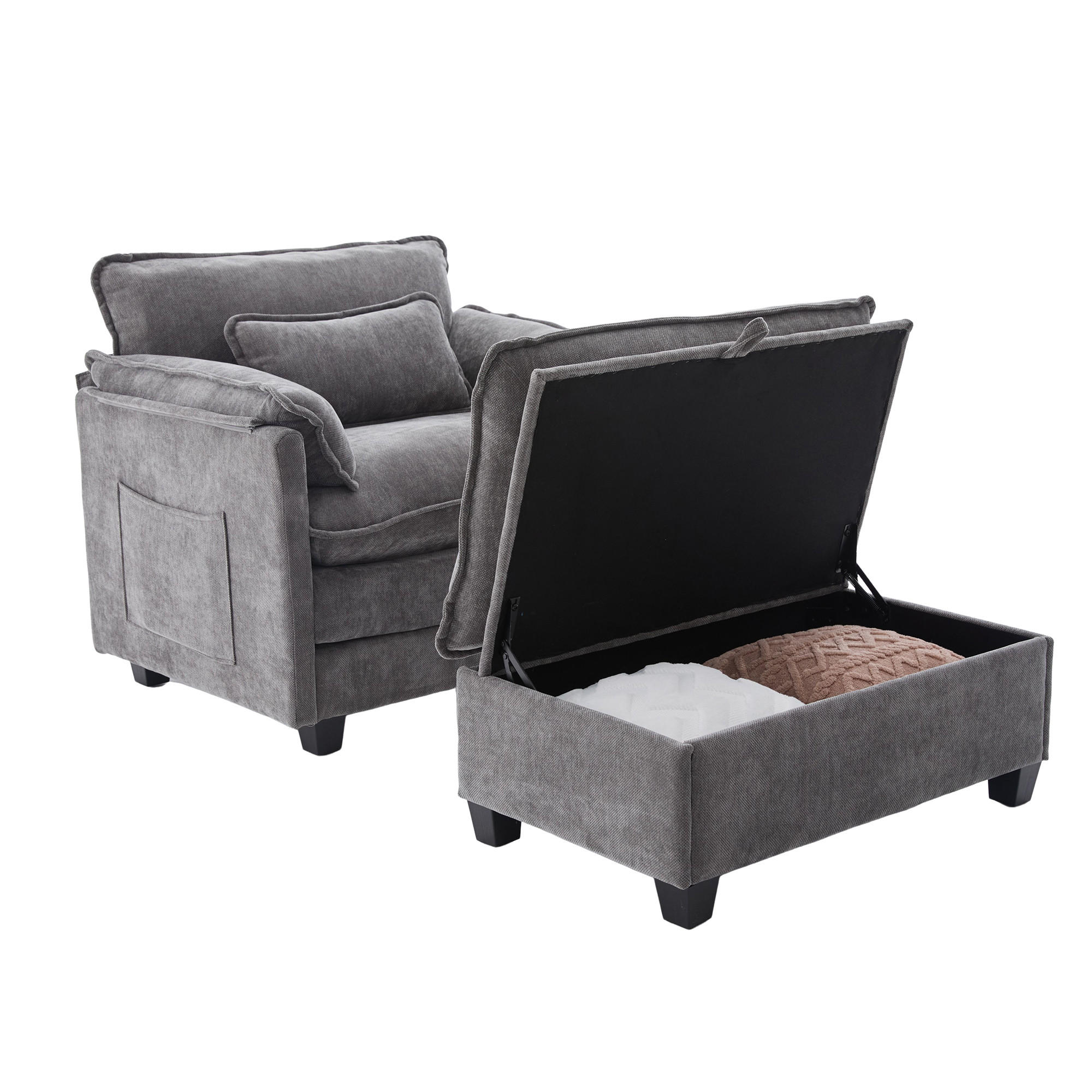 SOFASESSEL mit Hocker und Stauraum in Samt, 103 / 85 / 91 cm - Grau, Textil (85/91/103cm) - PARAFTA HOME