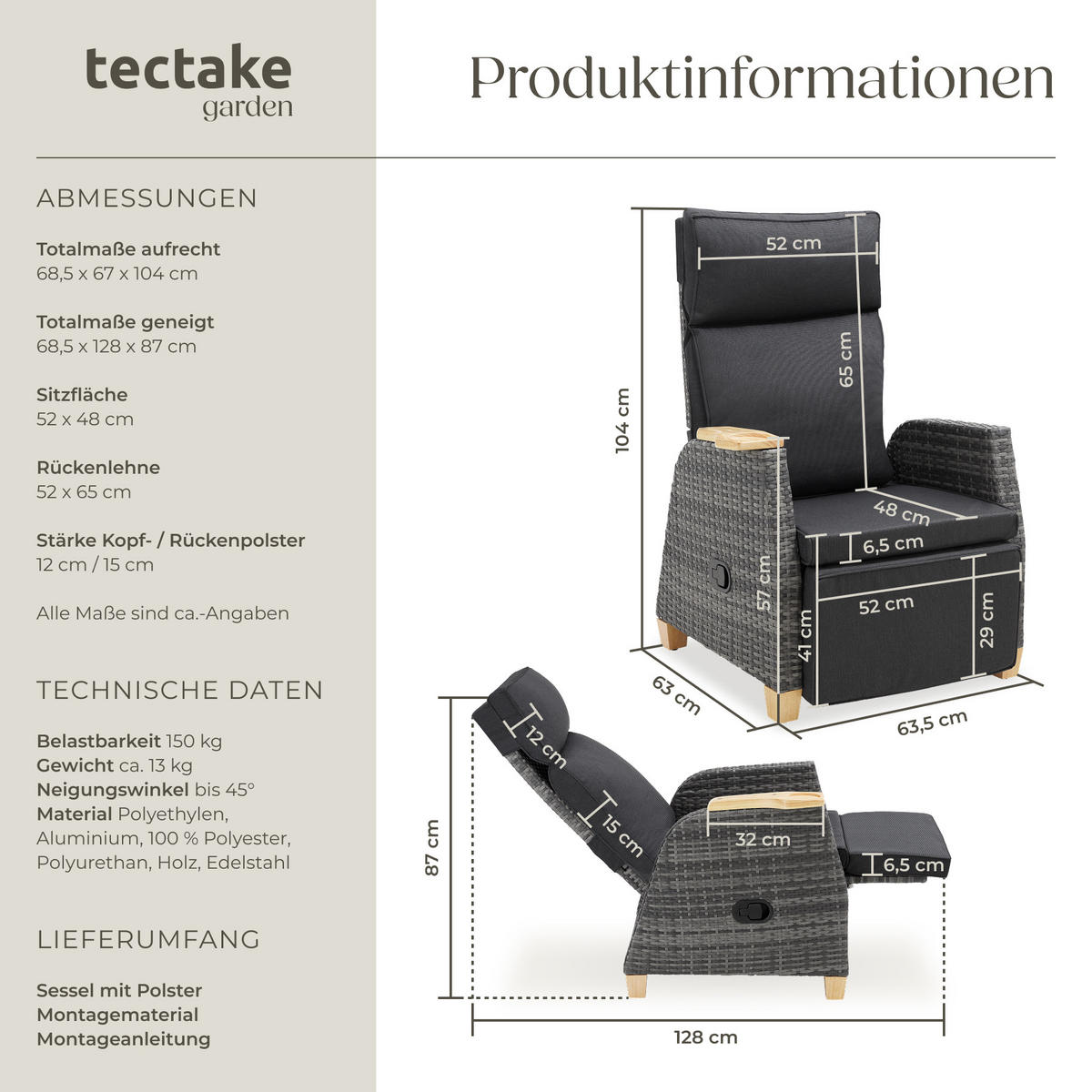 RATTANSESSEL Pescara,68,5 x 67 - 128 x 87 - 104 cm,grau - Grau, Kunststoff (68.5/104/128cm) - tectake