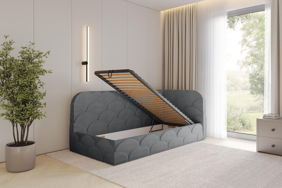 EINZELLBETT Jugendbett mit Bettkasten und Matratze H3/H4, Links - ELRY 90x200 Dunkelgrau - Graphitfarben, Holzwerkstoff/Textil (90/200cm) - ALTDECOR