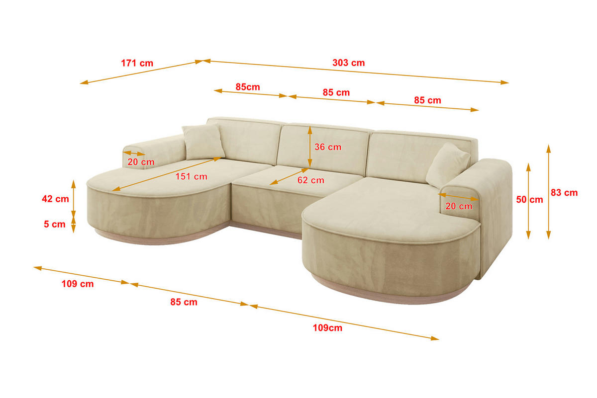WOHNLANDSCHAFT MARI-U1-v1 - 303x171x83 cm Beige Velours - Beige, Holzwerkstoff/Textil (303/83/171cm) - ALTDECOR