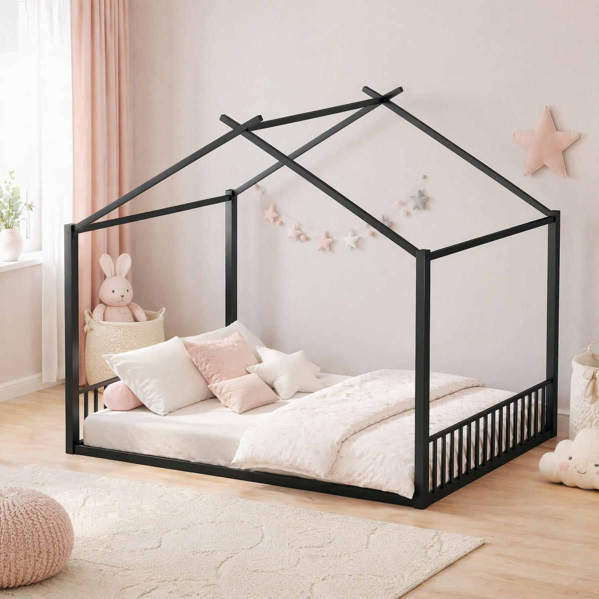 HAUSBETT 140/200 mit Hausdesign und Metallrahmen in Schwarz - Schwarz, Metall (140/200cm) - EVRYAE