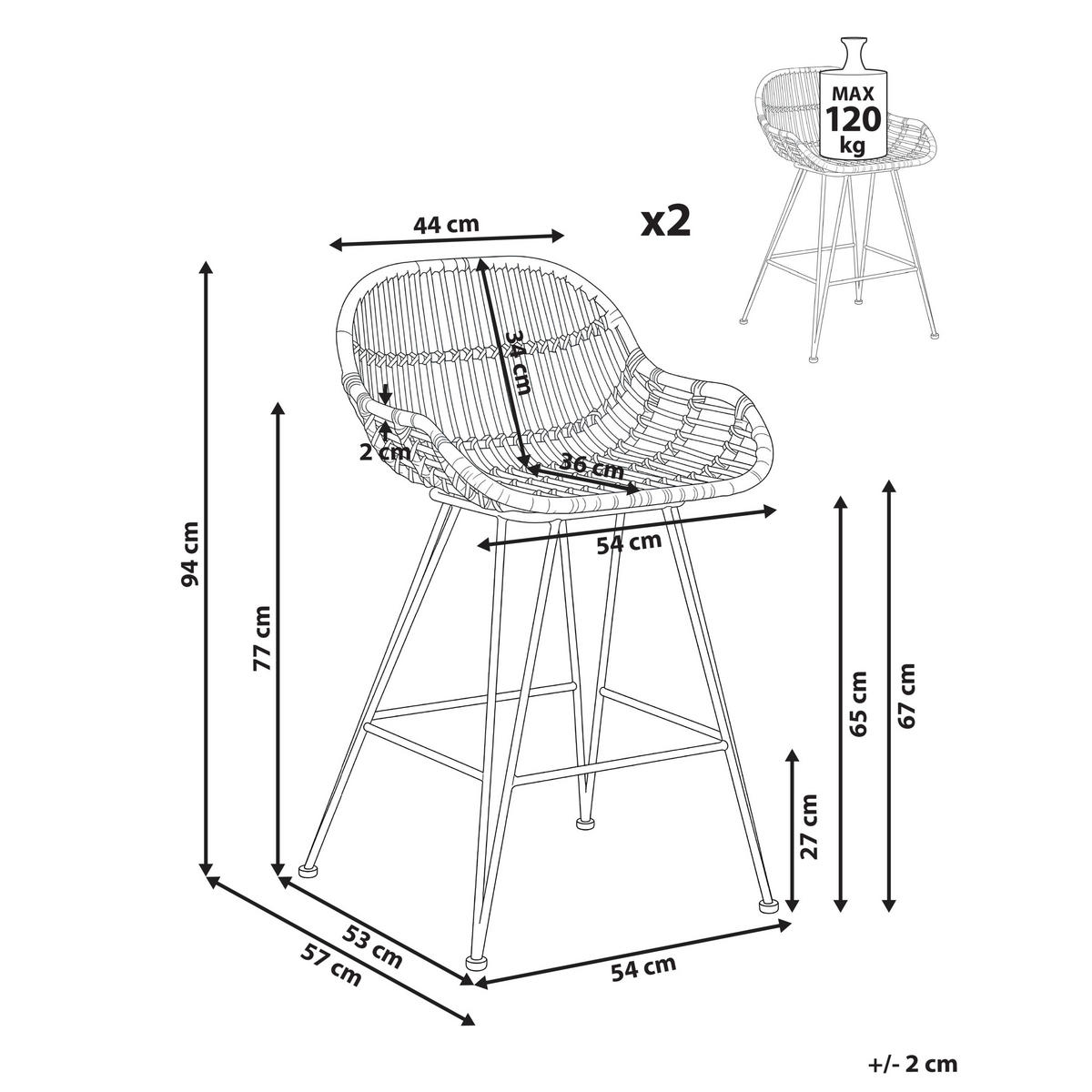 BARSTUHL 2er-Set Rattan Naturfarben Terrell - Naturfarben, Naturmaterialen (54/94/57cm) - Beliani