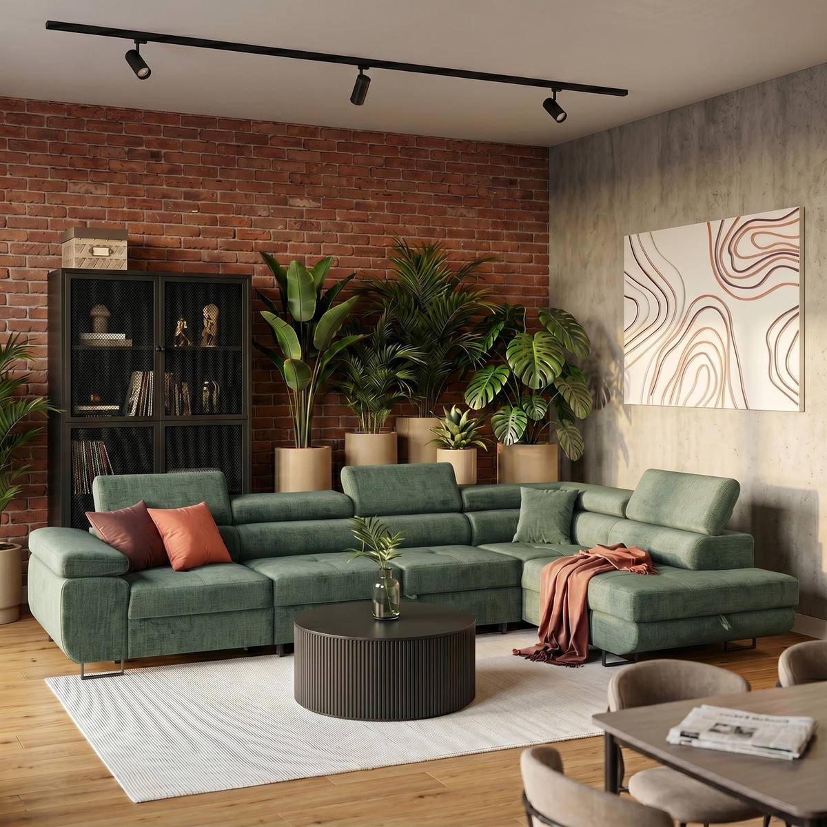 ECKSOFA WILD MAXI L Rechts mit Schlaffunktion 125x195 Velours Dunkelgrün - Chromfarben/Dunkelgrün, Holz/Textil (203/350cm) - Muffo