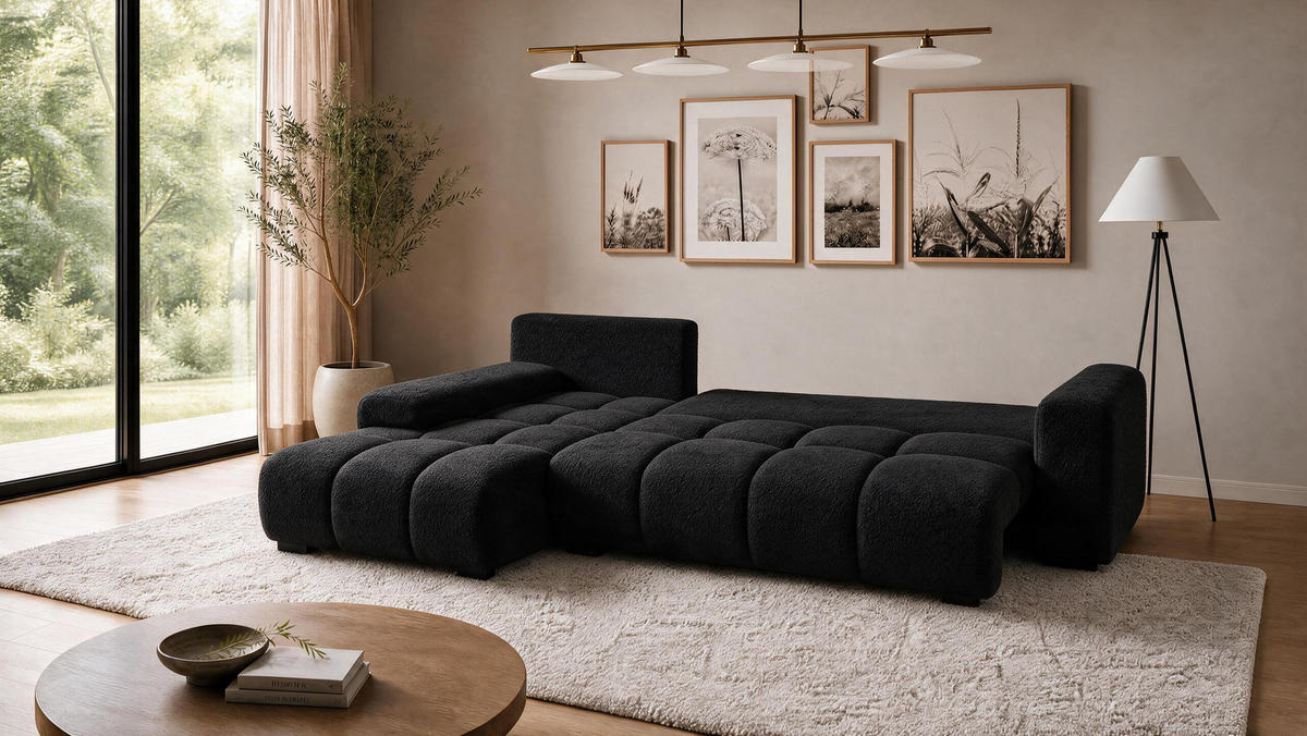 ECKSOFA Ovia mit Bettkasten und Schlaffunktion, Bouclé-Stoff in L-Form - Schwarz, Textil (270/185cm)