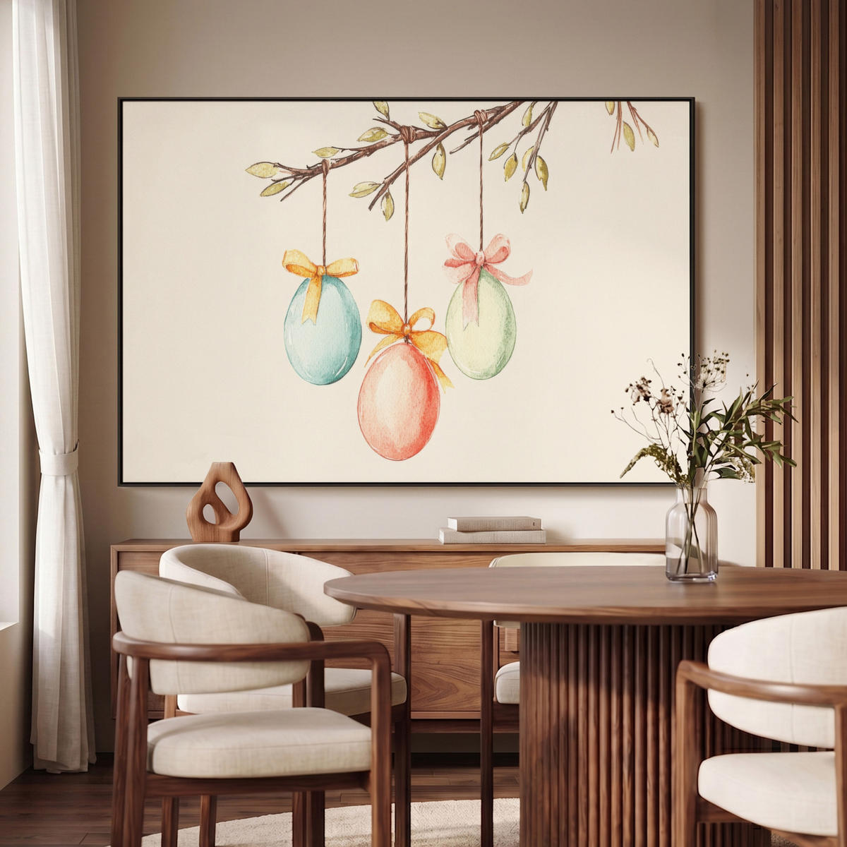 LEINWAND Bilder mit Rahmen - Osterkuchen - Schleife - Eier - 120x80 - Creme, Textil (120/80cm) - MuchoWow