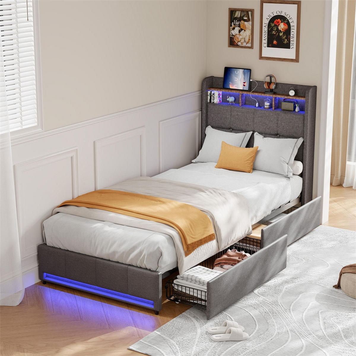 POLSTERBETT 90x200cm mit 2 Schubladen - Einzelbett - RGB-LED-Beleuchtung Ladestation - ohne Matratze - Grau - Grau, Textil (90/200cm) - DELFA