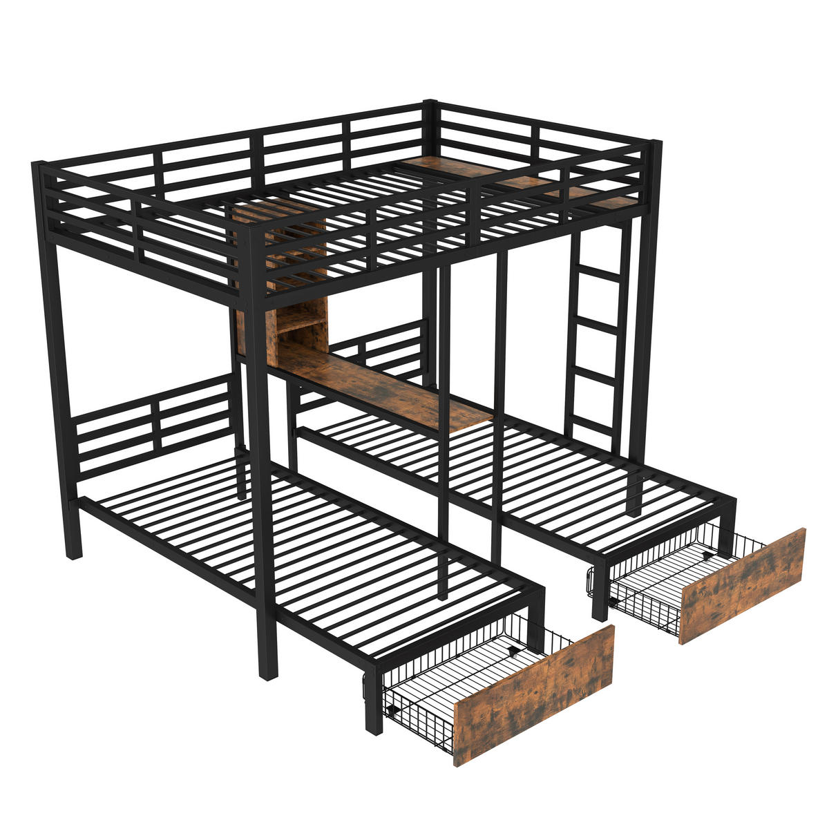 ETAGENBETT 140x200cm + 90x200cm Schwarz 3 Betten 2 Schubladen Regale - Schwarz, Holz (140/200cm) - FLIEKS