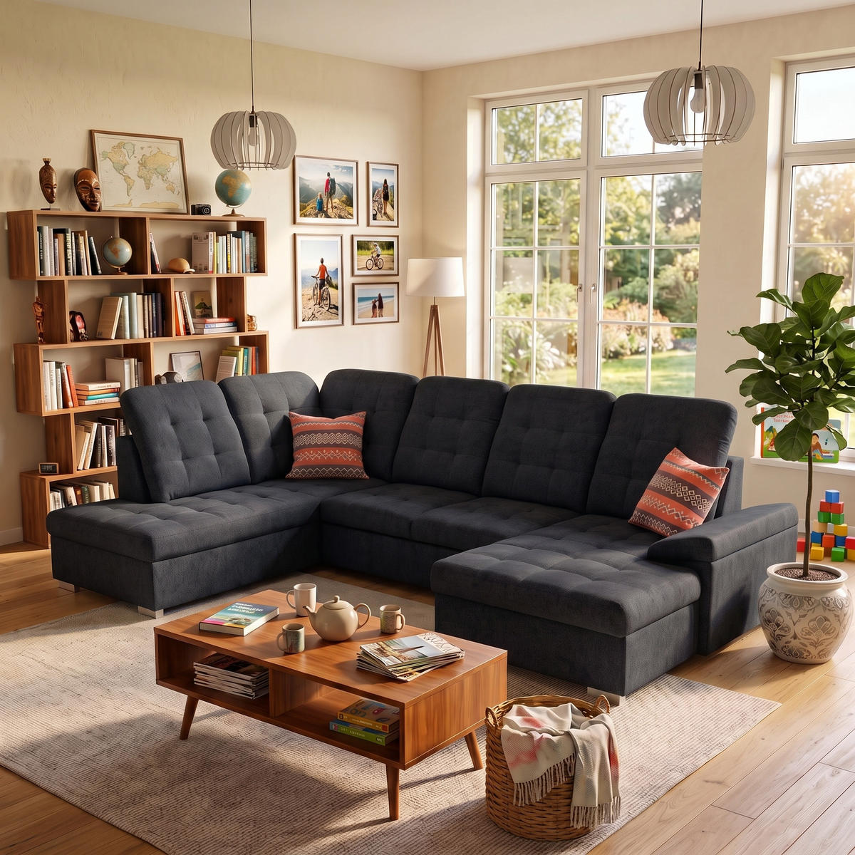 ECKSOFA U-Form OLIVIA U Links mit Schlaffunktion 124x257 Velours Schwarz - Silberfarben/Schwarz, Holz/Kunststoff (320/103/202cm) - Muffo