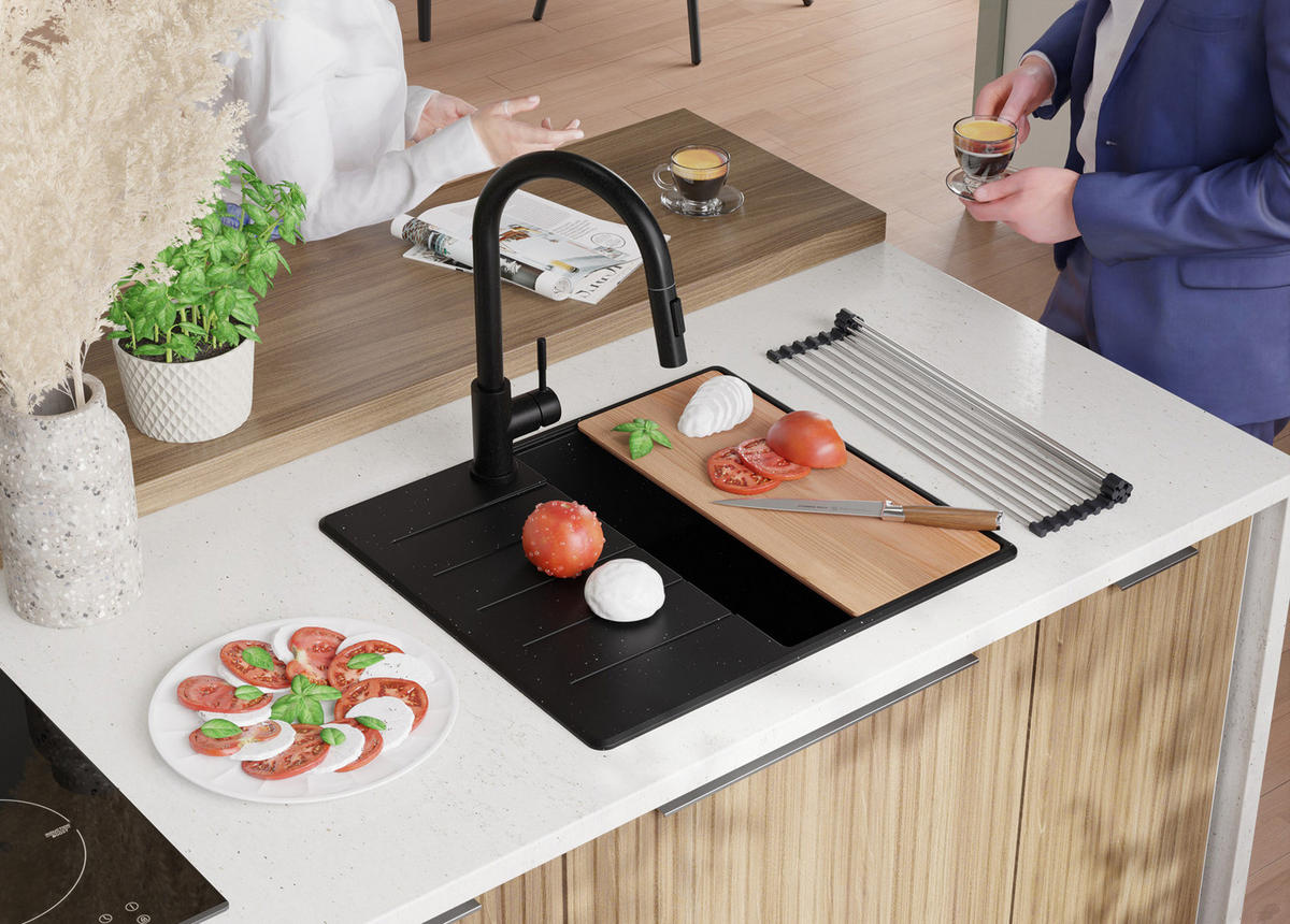 SPÜLBECKEN Kopenhagen, 2-er set Schwarz Metallic 55/50 cm 1 Becken + Ablauf-Set + Schneidebrett ab 40er Unterschrank - Chromfarben/Schwarz Hochglanz, Kunststoff (55/20/50cm) - Primagran