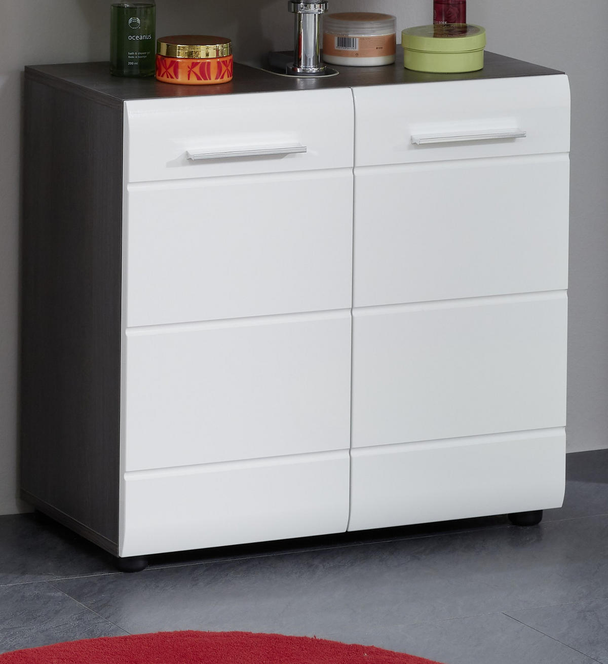 WASCHBECKENUNTERSCHRANK weiß Hochglanz, grau Badschrank 60 x 57 cm - Weiß Hochglanz/Silberfarben, Holzwerkstoff/Kunststoff (60/57/31cm) - Top.Furn