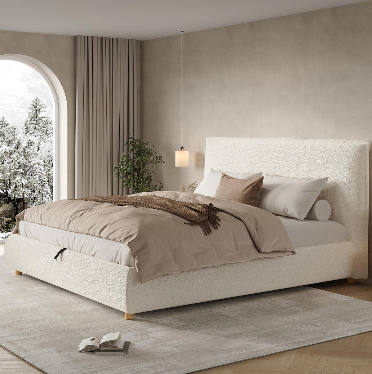 BETT mit Stauraum und Lattenrost 180x200 cm Bouclé Weiß - Weiß, Metall (180/200cm) - Meubliv