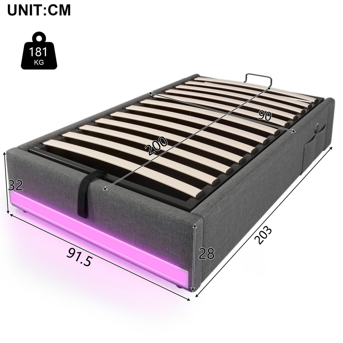 TAPECIRANI krevet 90/200 cm s LED osvjetljenjem, USB i Type-C priključkom te hidrauličnim spremištem, Siva - siva, tekstil (90/200cm) - Redom