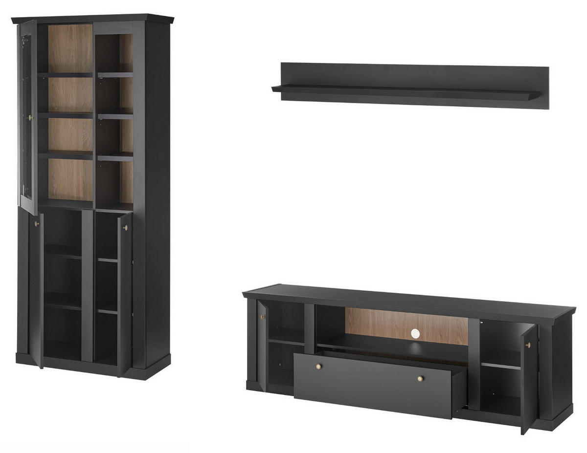 WOHNWAND schwarz matt, Eiche 3-teilig 301 cm, Wohnkombination mit Soft-Close - Eichefarben/Messingfarben, Glas/Holzwerkstoff (301/200/42cm) - Furn.Design