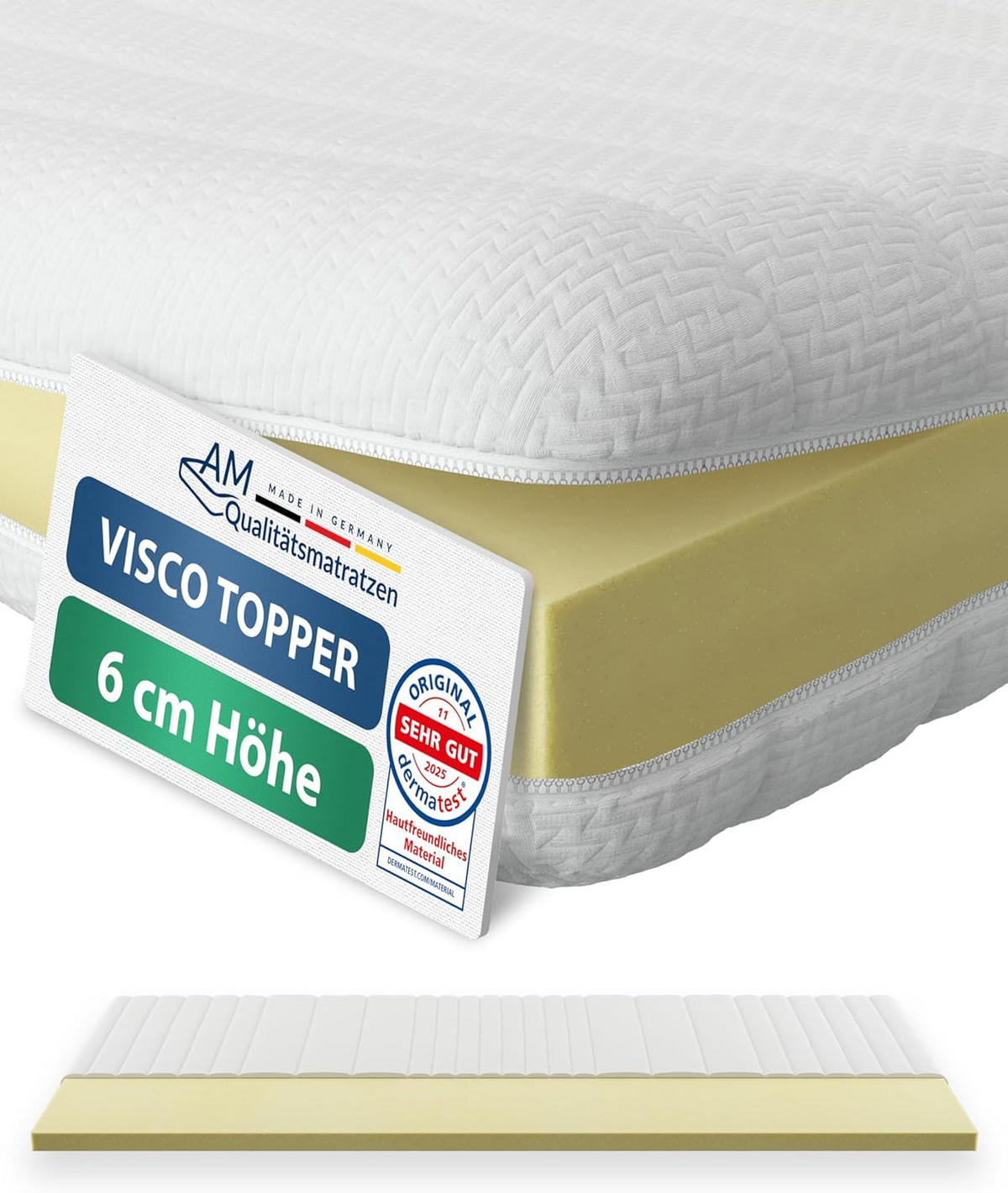 VISCOTOPPER 90/200 cm - výška 6 cm a kryt Toledo - bílá, textil (90/200cm) - AM Qualitätsmatratzen