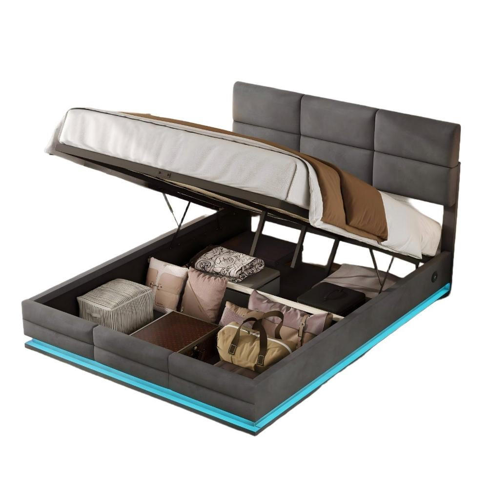 BOXBETT 140/200 mit Bettkasten, LED, USB/Typ C-Ladeanschluss,Samt,Grau - Grau, Holz (140/200cm) - LVHOM