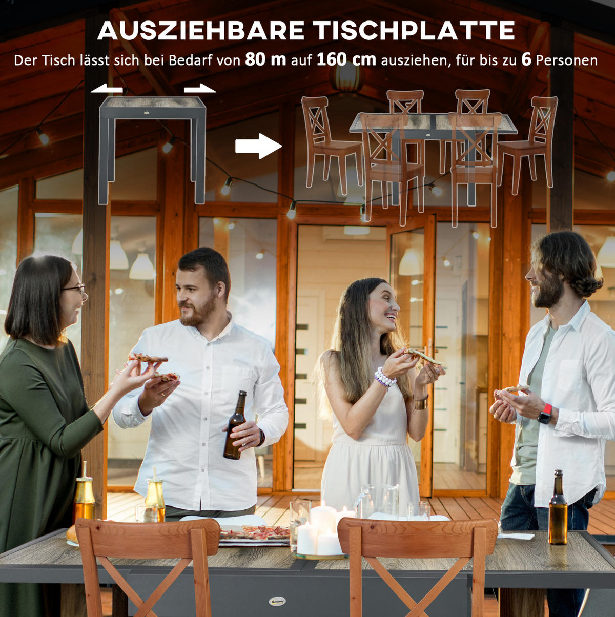GARTENTISCH aus Aluminium 80/160x80x75 cm Beige mit ausziehbarer Tischplatte - Beige, Metall (160/80/75cm) - Modfu