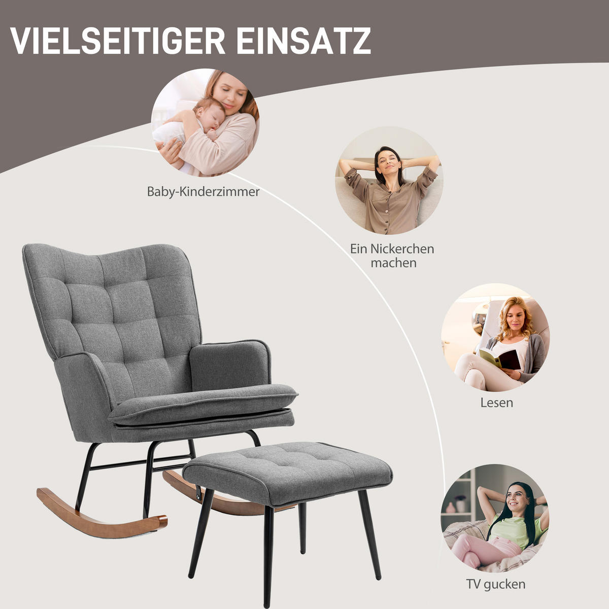 SCHAUKELSTUHL Schwingsessel mit Hocker Armlehnsessel Relaxsessel mit Leinenoptik - Dunkelgrau, Kunststoff (89/90/64cm) - HOMCOM