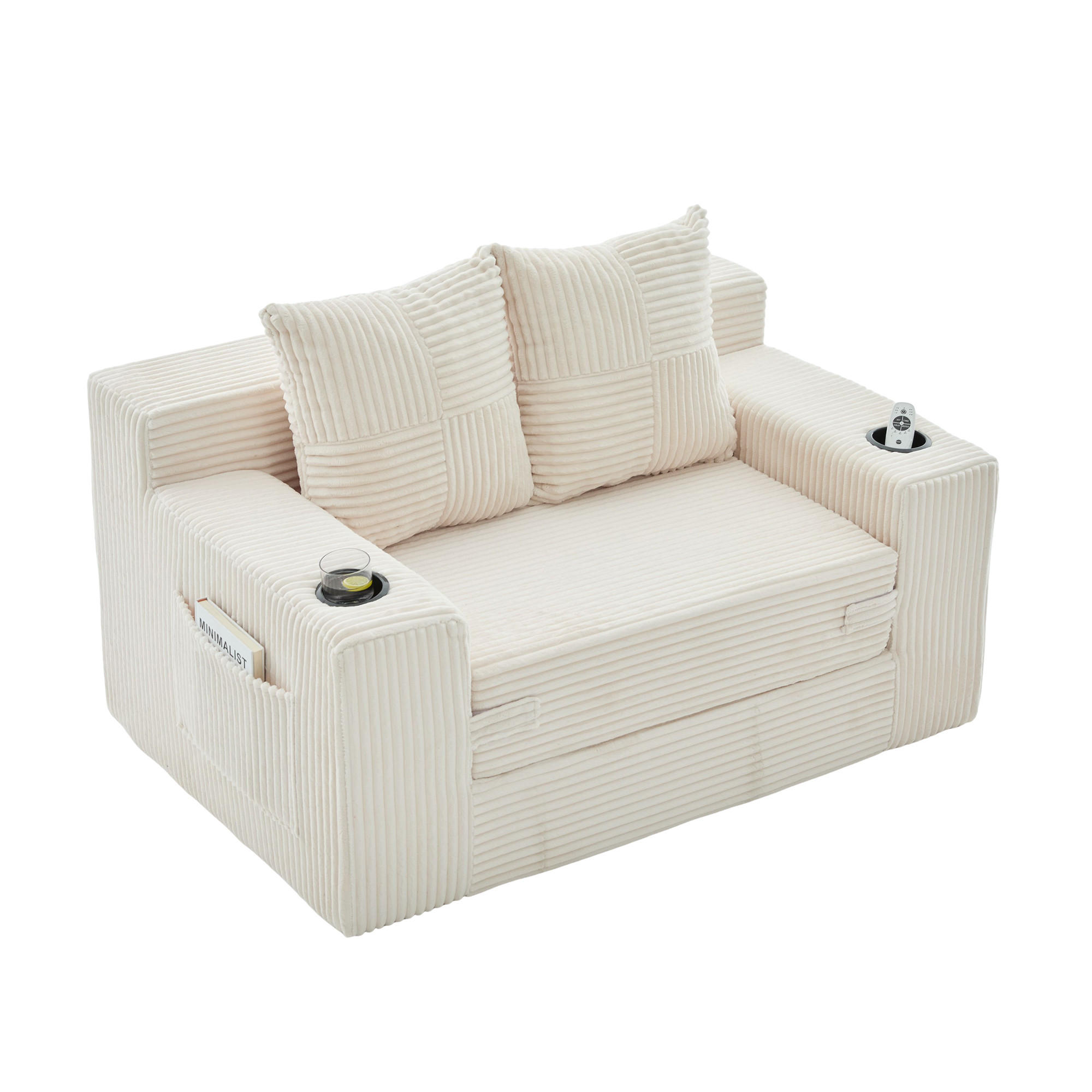 SCHLAFSOFA 2-in-1 mit Hocker, 2 Kissen und Becherhalter, DE-42913, Beige - Beige, Textil (133/64/87cm) - ComfortXL