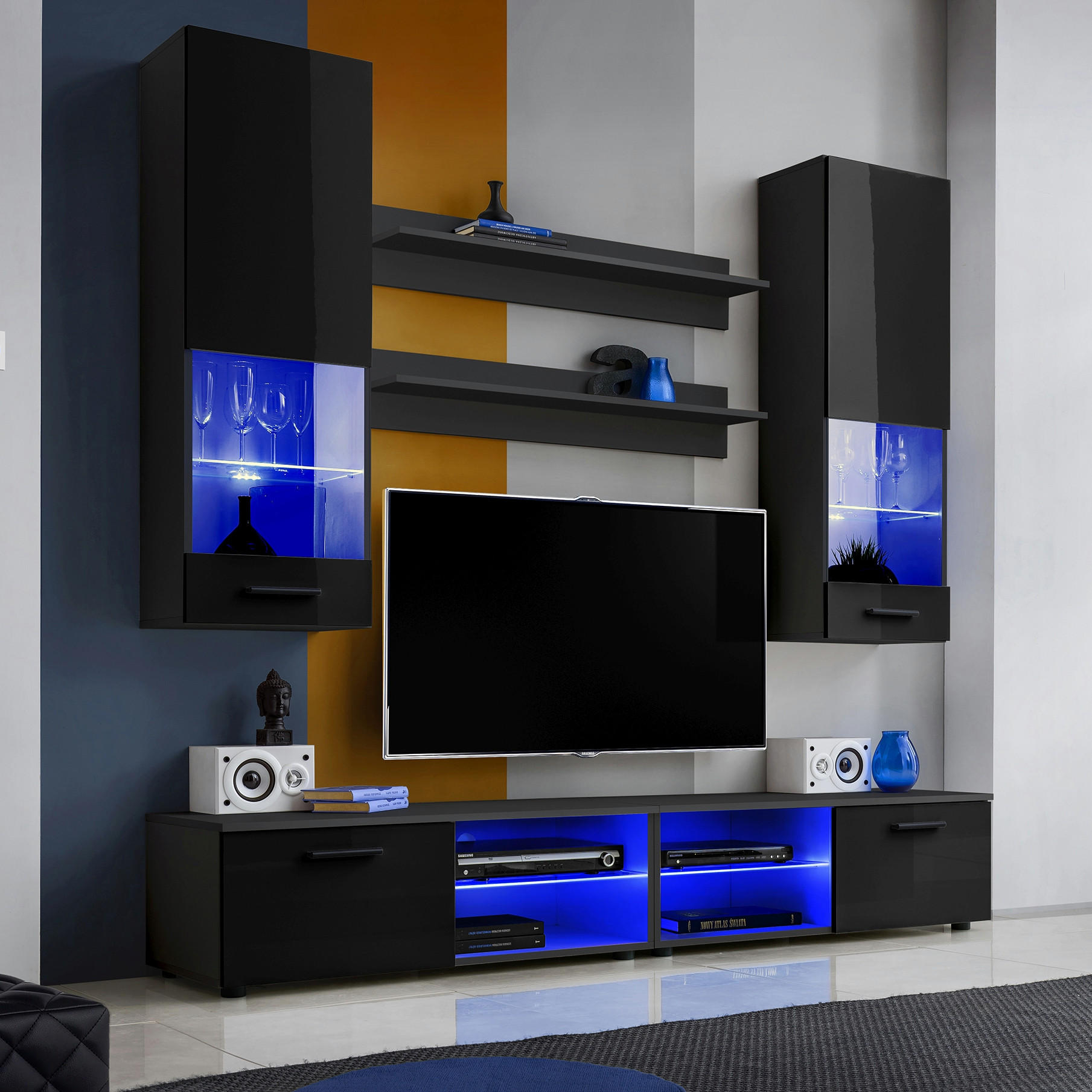 WOHNZIMMERSET VARALLO, 6er-Set, Schwarz, Front Hochglanz Schwarz , LED Blau - Schwarz, Glas/Holzwerkstoff (200/190/45cm) - Komodee