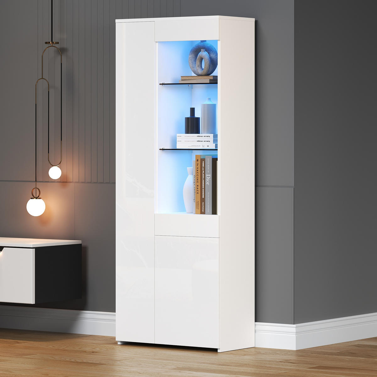 VITRINE LED Hochglanz Glas 2 Schubladen Standvitrine 180cm - Weiß, Holzwerkstoff (70/180/35cm) - FLIEKS