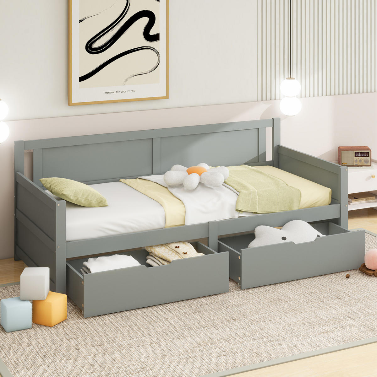 MULTIFUNKTIONSBETT 90/200 grau mit zwei Schubladen aus Massivholz - Grau, Holz (90/200cm) - OKWISH