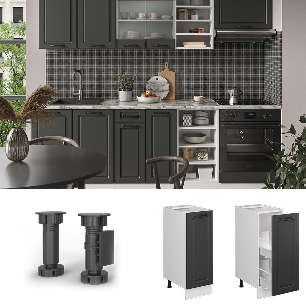 APOTHEKERSCHRANK R-Line Anthrazit Landhaus 30 cm AP Marmor - Anthrazit/Weiß, Holzwerkstoff (30/81.6/60cm) - Vicco