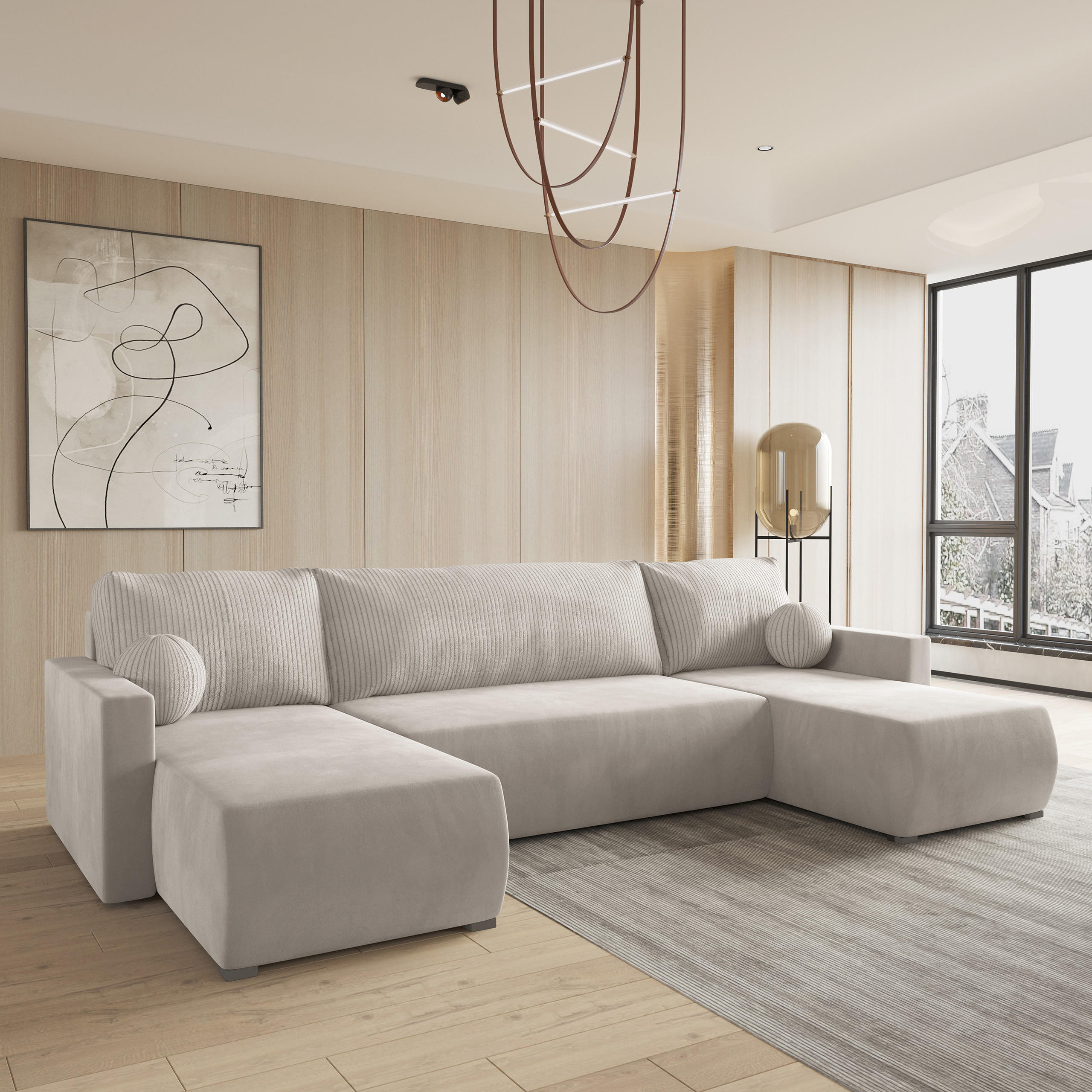 WOHNLANDSCHAFT TESSUN Creme Plüsch-Stoff mit Schlaffunktion - Creme, Holz (286/85/143cm) - MASSENO