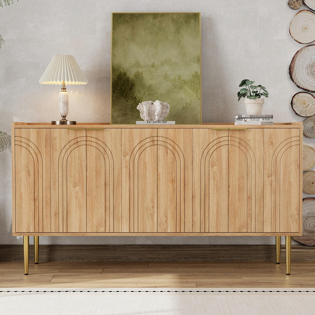 SIDEBOARD 140x75x38 cm, 4 Türen, Goldfüße, Naturfarben - Kastanienfarben, Holz (140/75/38cm)