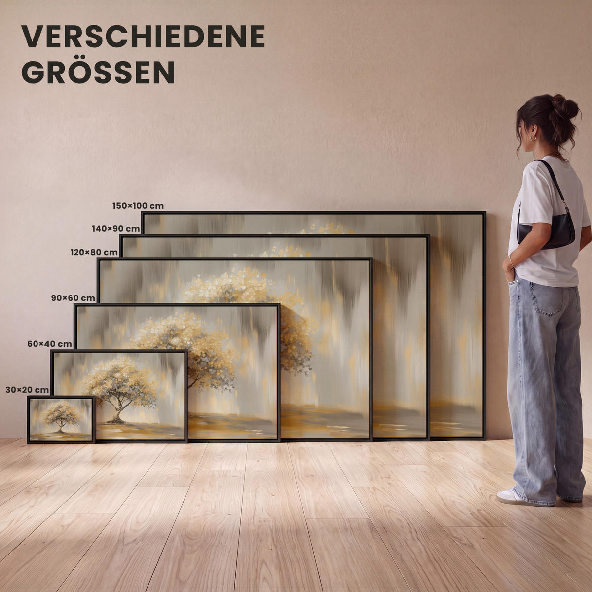LEINWAND Bilder mit Rahmen - Gemälde - Baum - Abstrakt - Blätter - 140x90 - Beige, Textil (140/90cm) - MuchoWow
