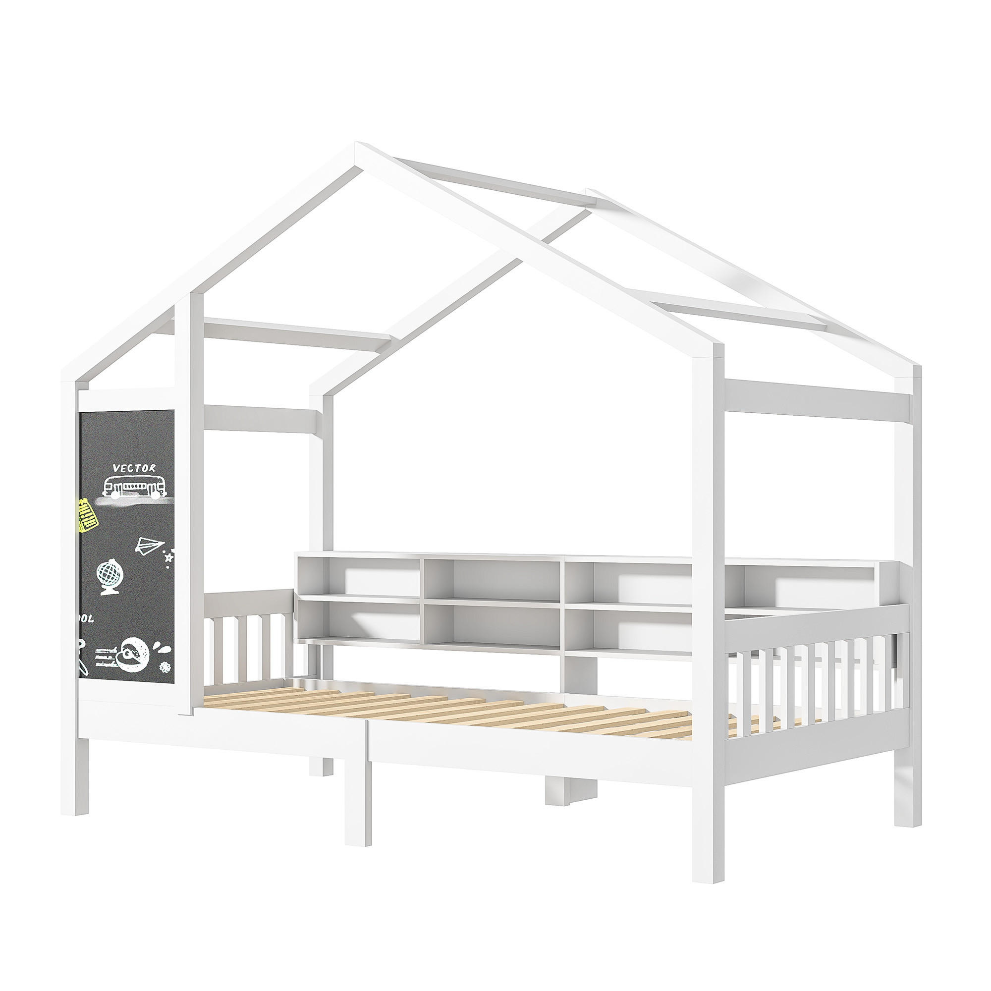 HAUSBETT 90 x 200 cm mit Tafel und Bücherregal, Weiß - Weiß, Holz (90/200cm)