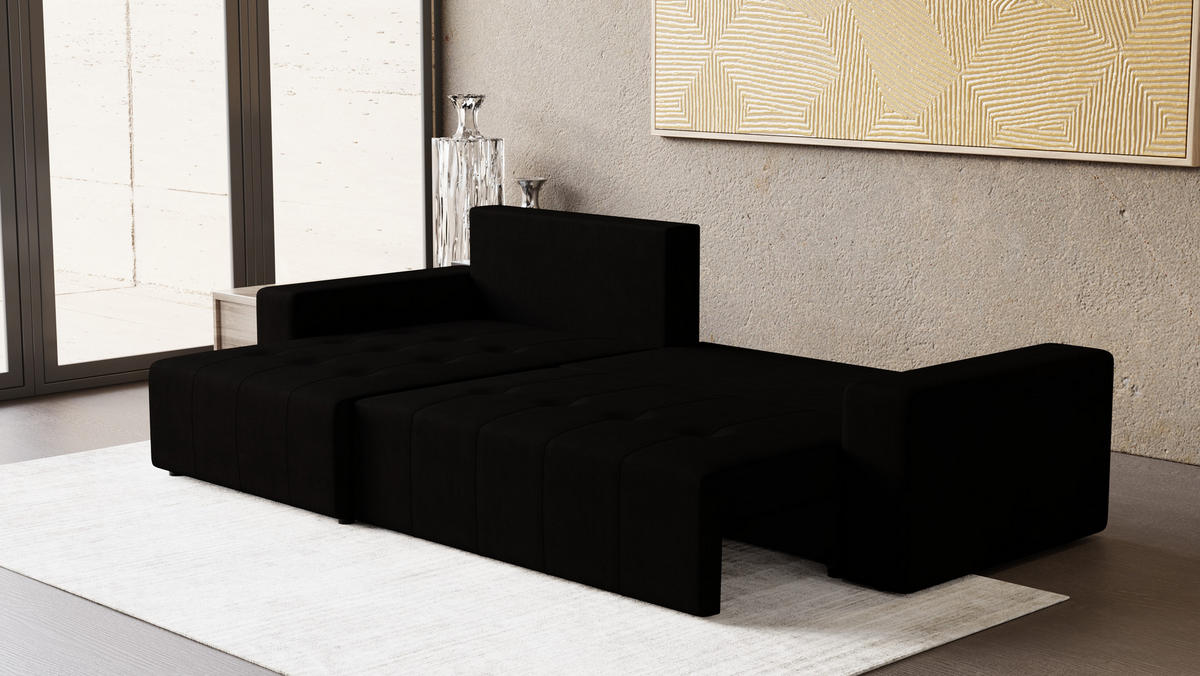 ECKSOFA Tico mit Bettkasten und Schlaffunktion, L-Form/XL-Form, Velourstoff, Universal - Schwarz, Holzwerkstoff (276/145cm) - 4ALL HOME