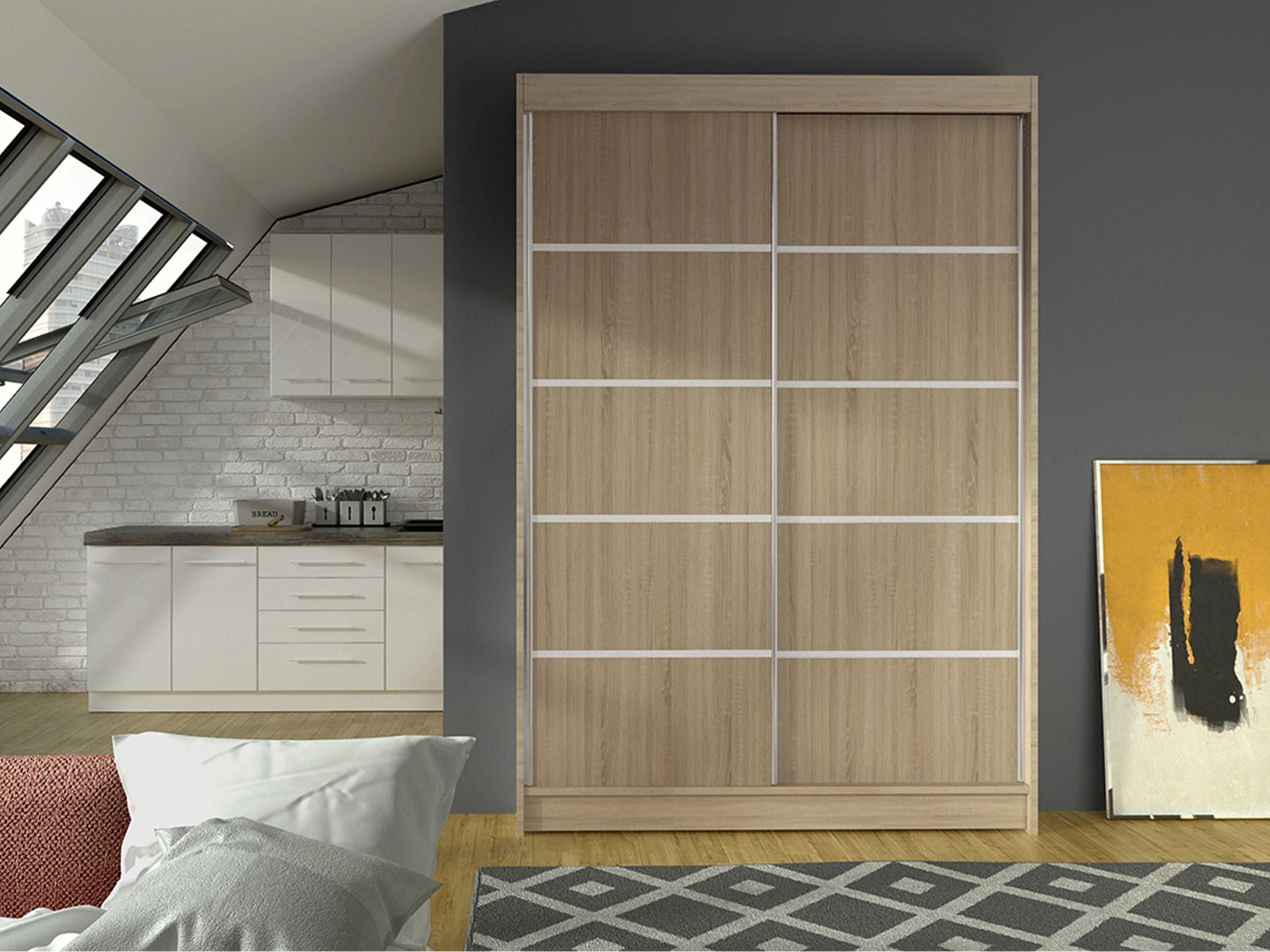 SCHWEBETÜRENSCHRANK Lino IV - Sonoma Eiche, Holzwerkstoff/Metall (120/200/58cm) - MIRJAN24