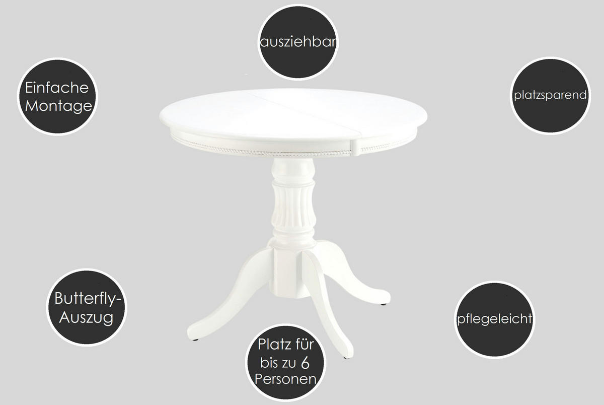 ESSTISCH rund Weiß ausziehbar Echtholzfurnier 90/90/75 cm - Weiß, Holz (90/90/75cm) - designimpex
