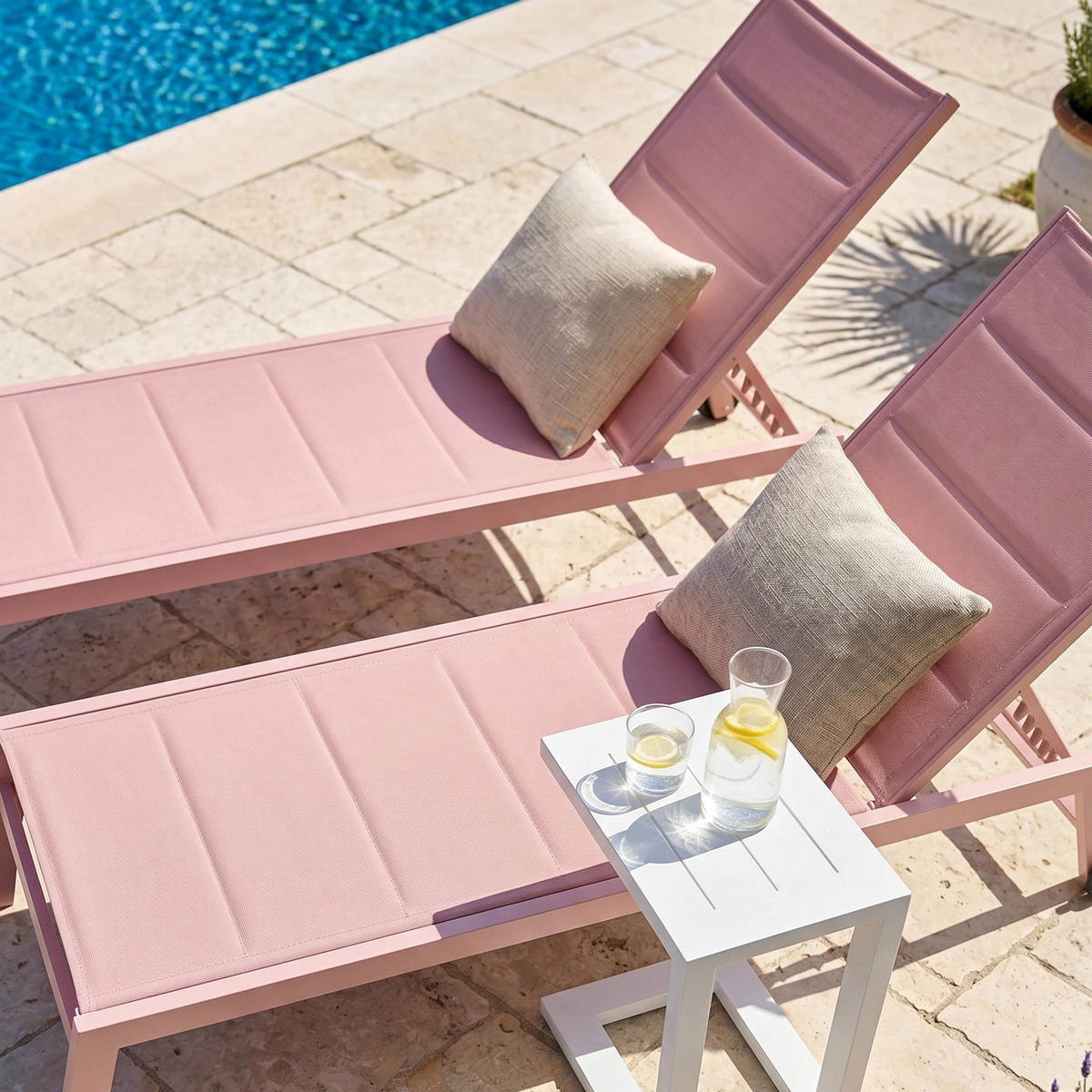 SONNENLIEGE 2-tlg., Puderrosa - Pink, Metall (169/103/65cm) - Oviala