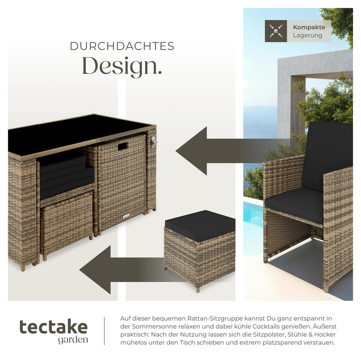 RATTAN SITZGRUPPE Palermo,inklusive Flaschenöffner, zusammenschiebbar,natur - Naturfarben, Kunststoff - tectake
