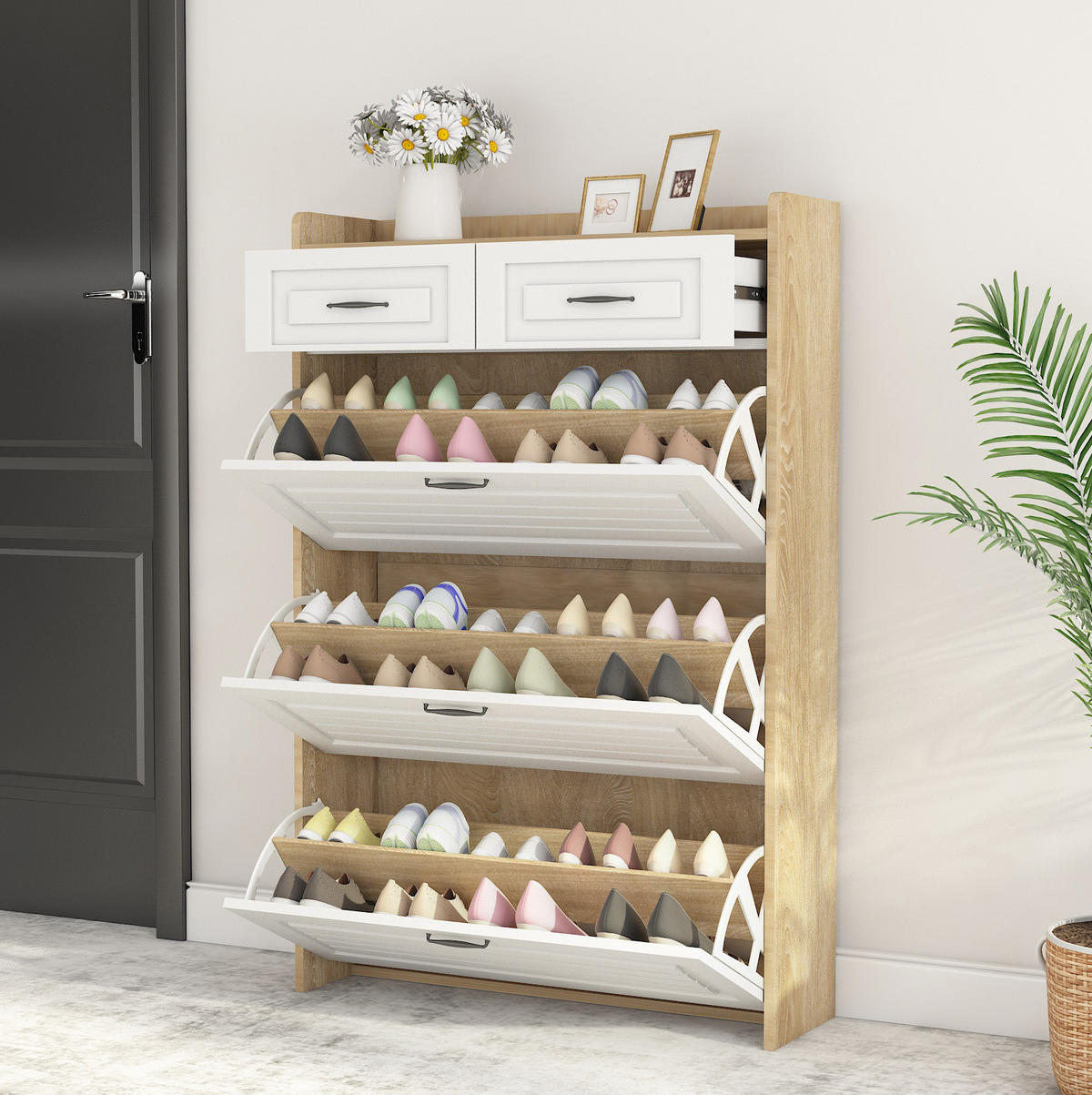 SCHUHKOMMODE mit 3 Klappen und 2 Schubladen, Spanplatte, 80/23,5/131 cm, Weiß/Natur - Naturfarben, Holzwerkstoff (23.5/131/80cm) - Redom