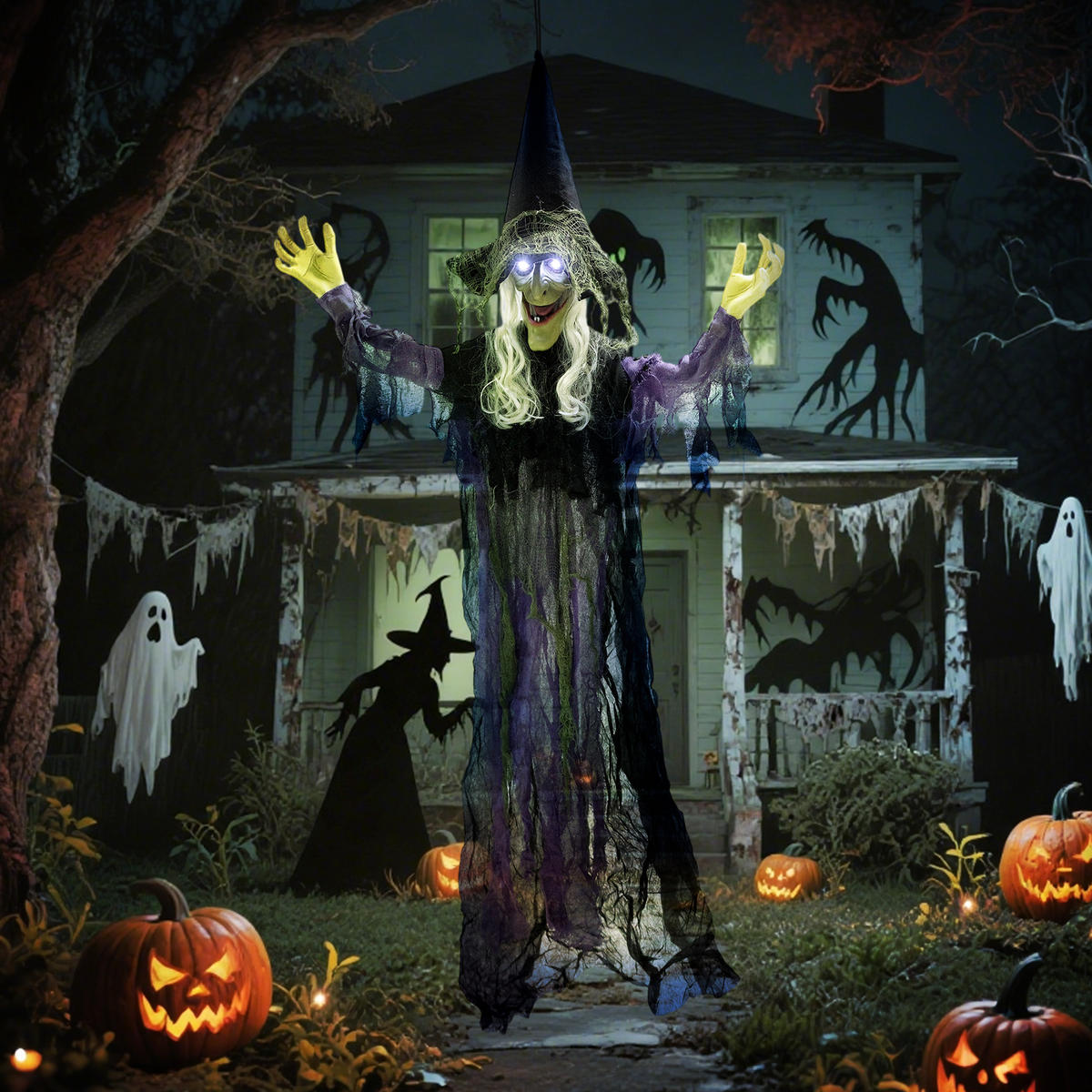 HALLOWEEN-HEXE DE-42117 183 cm hängend mit LED und Sound - Lila/Schwarz, Metall (80/183/15cm) - ComfortXL