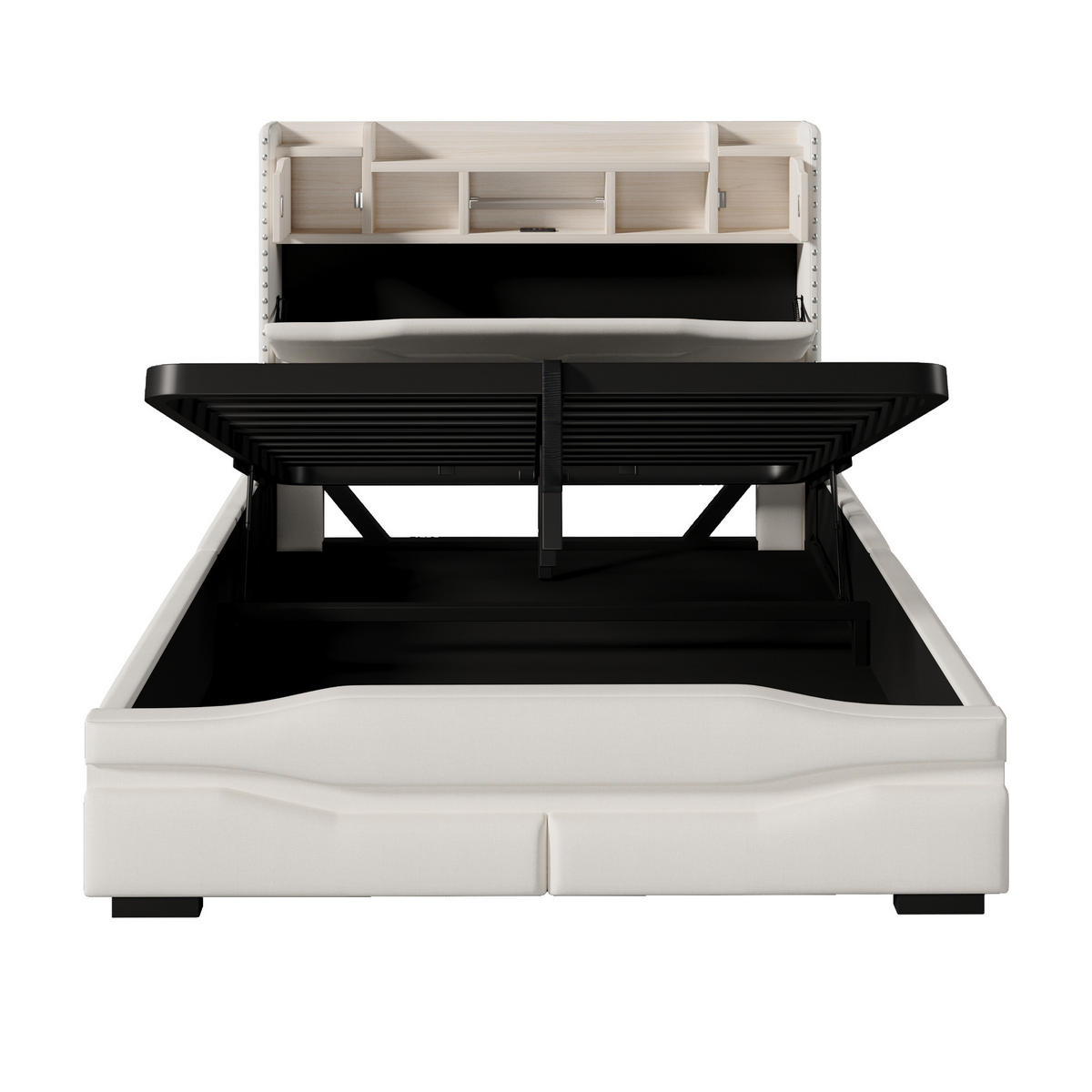 POLSTERBETT 140x200cm Beige USB-C LED-Licht Kopfteil Hydraulik - Beige, Holz (140/200cm) - FLIEKS