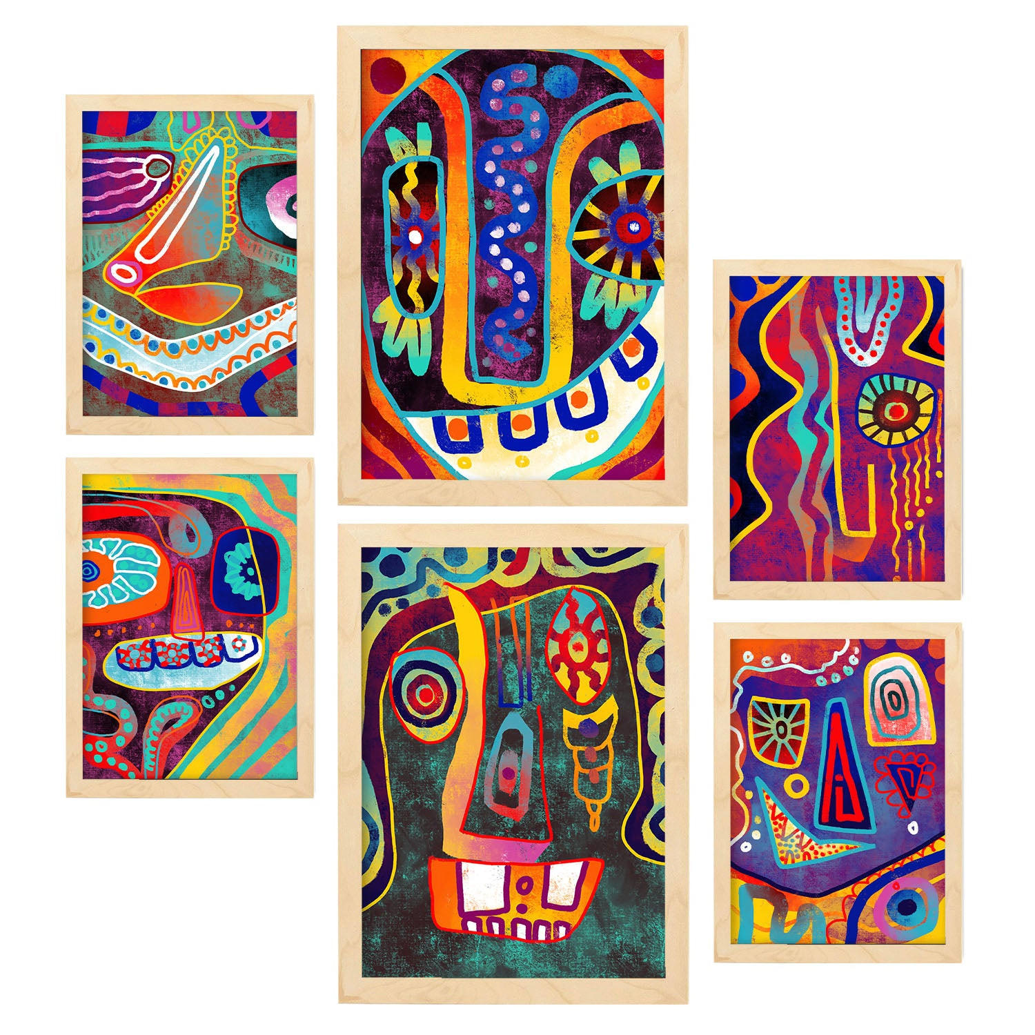 POSTER Set Mit 6 Gotischer Typ In Farbenfrohe Zusammenfassungen A3 & A4 Rahmen Aus Hellem Holz - Beige, Papier (29/3cm) - Nacnic